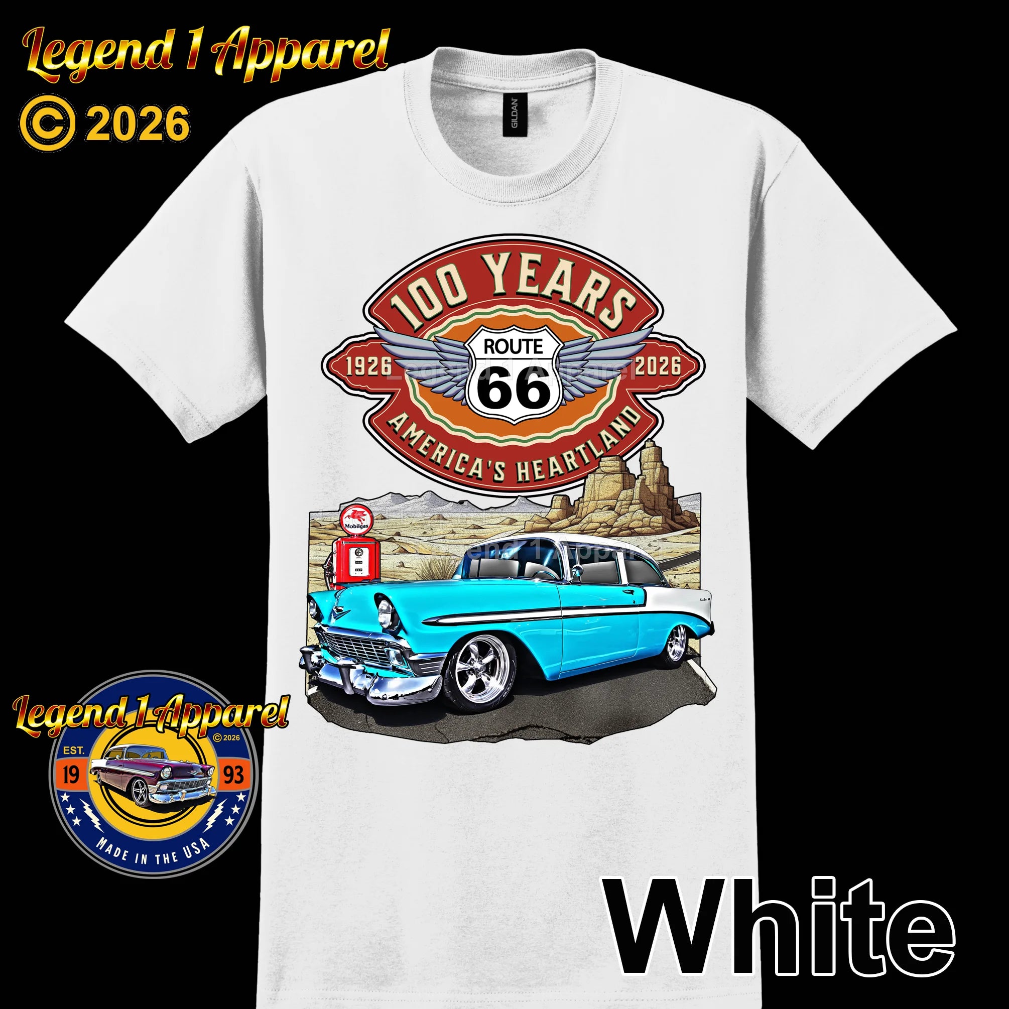 1956 Chevrolet Bel Air Coupe Classic Car Graphic Tee – Route 66 100 Years T-Shirt