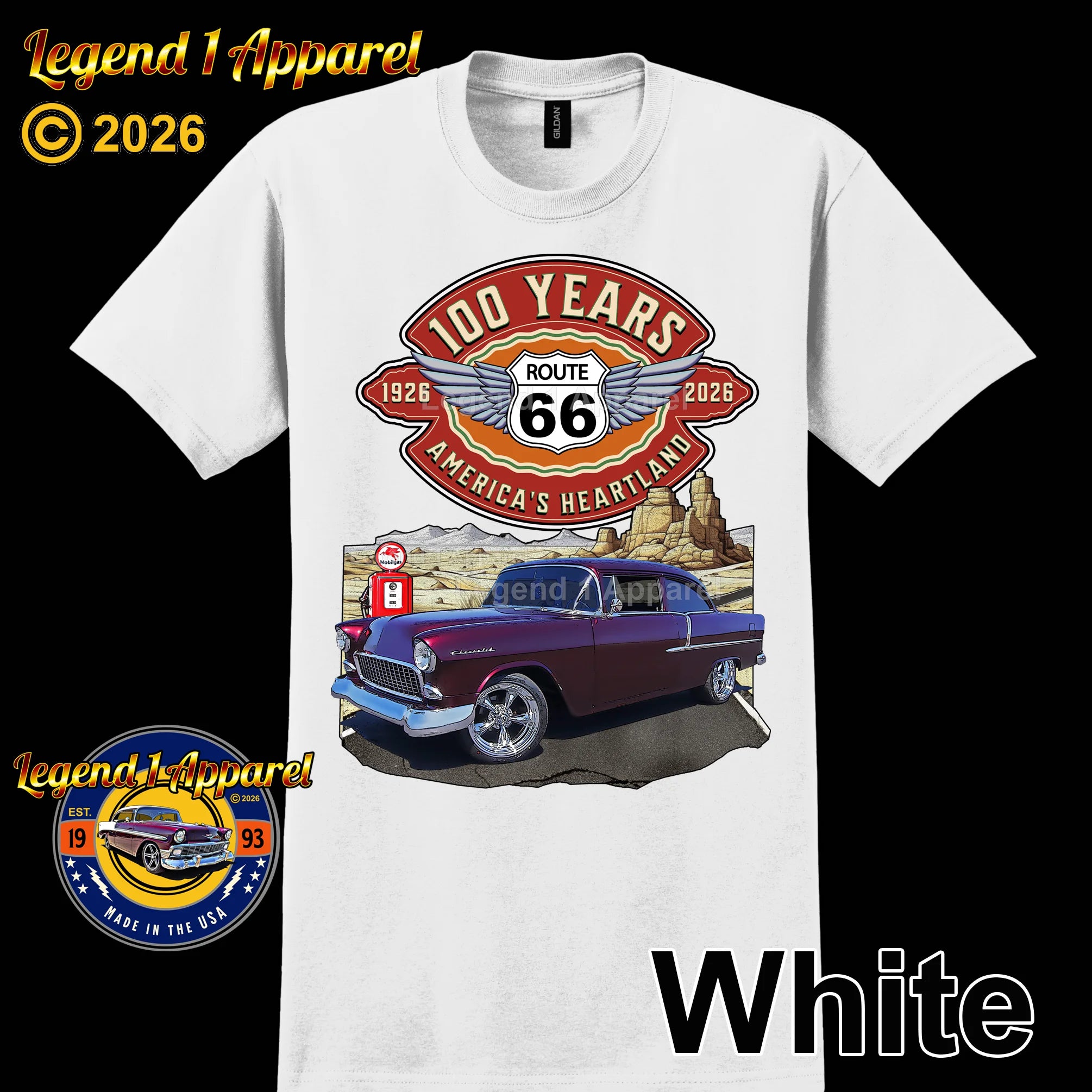 1955 Chevrolet 210 Del Ray Coupe Classic Car Graphic Tee – Route 66 100 Years T-Shirt