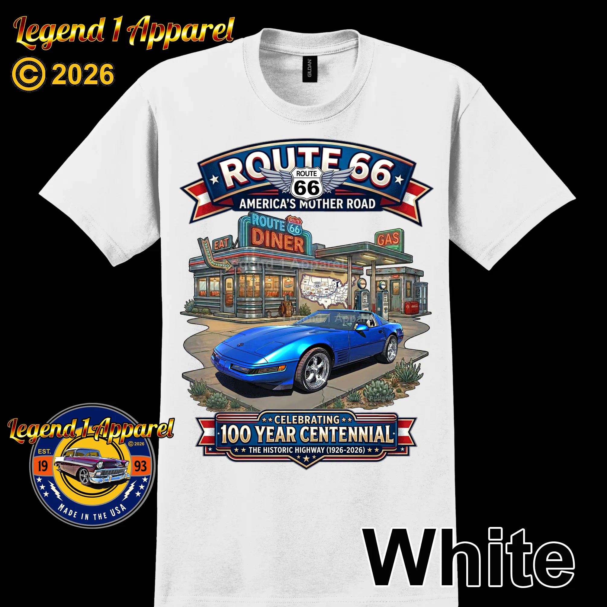 1992 Chevrolet Corvette C4 Classic Car Graphic Tee – Route 66 Centennial T-Shirt