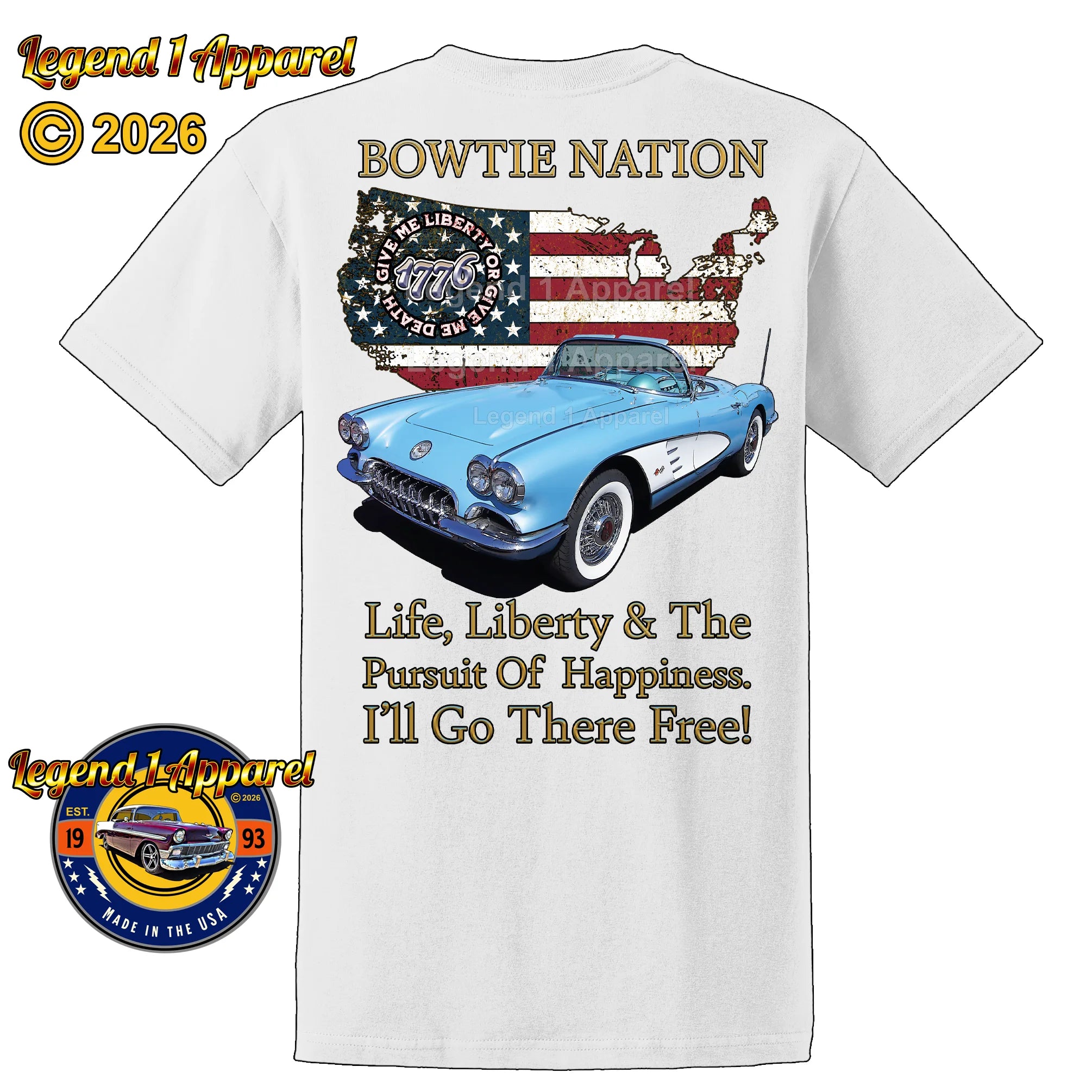 1960 Chevrolet C1 Corvette Bowtie Nation T-Shirt – 60 Chevy Classic Car Graphic Tee