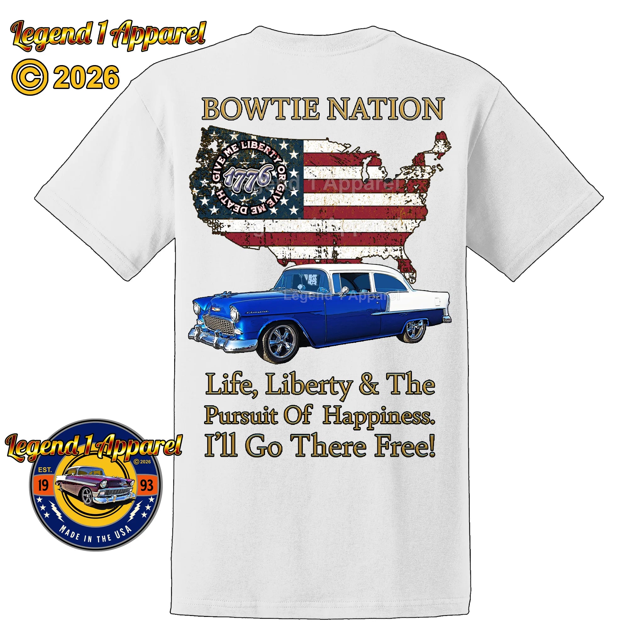 1955 Chevrolet Bel Air Bowtie Nation T-Shirt – 55 Chevy Classic Car Graphic Tee