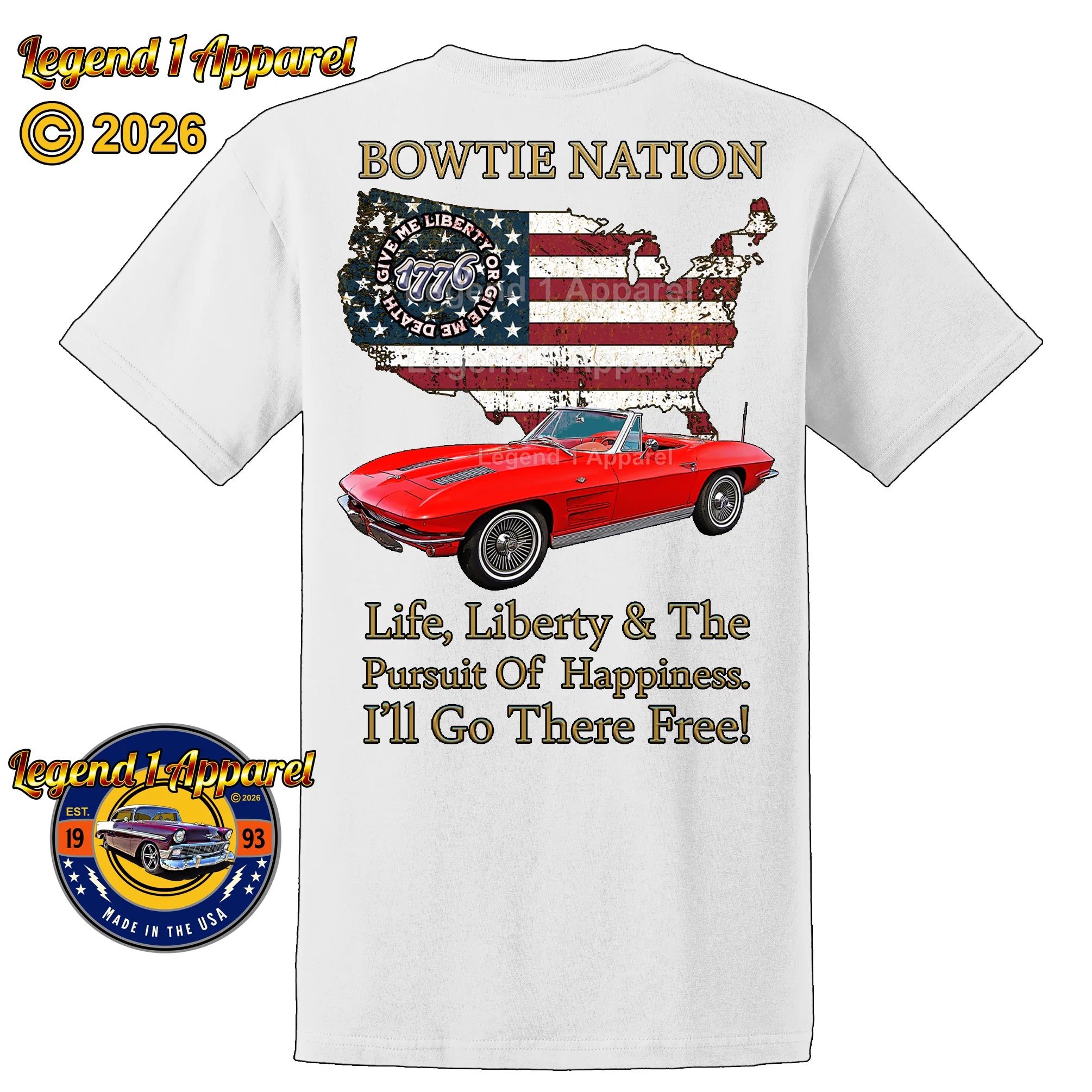 1963 Chevrolet C2 Corvette Bowtie Nation T-Shirt – 63 Chevy Classic Car Graphic Tee