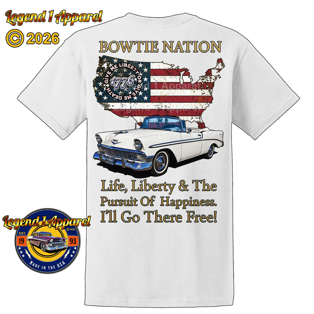 1956 Chevrolet Bel Air Convertible Bowtie Nation T-Shirt – 56 Chevy Classic Car Graphic Tee