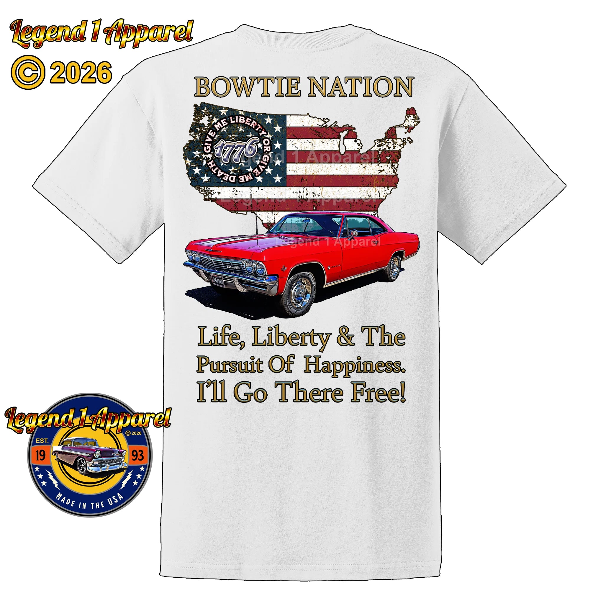 1965 Chevrolet Impala SS Bowtie Nation T-Shirt – 65 Chevy Classic Car Graphic Tee
