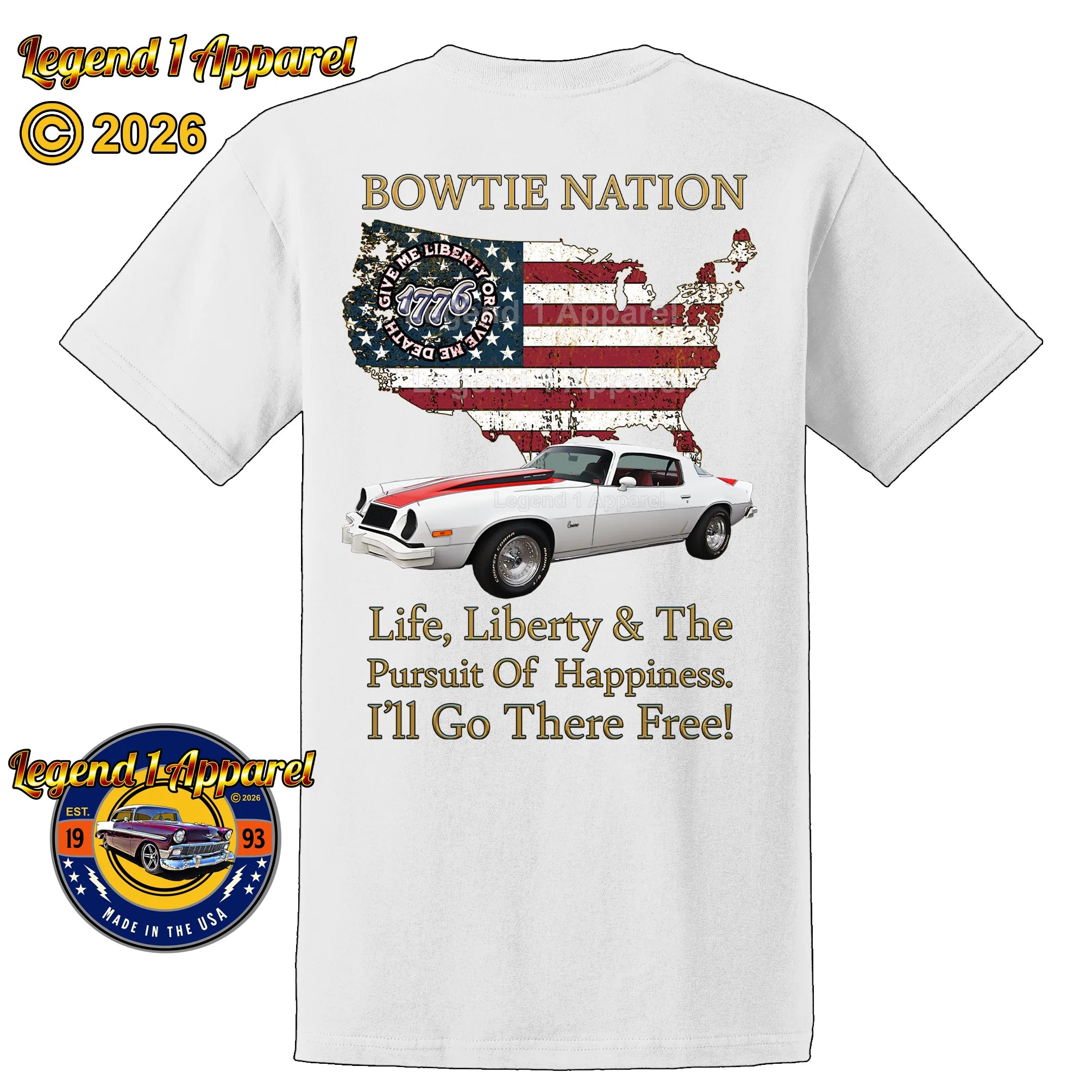 1976 Chevrolet Camaro Bowtie Nation T-Shirt – 76 Chevy Classic Car Graphic Tee