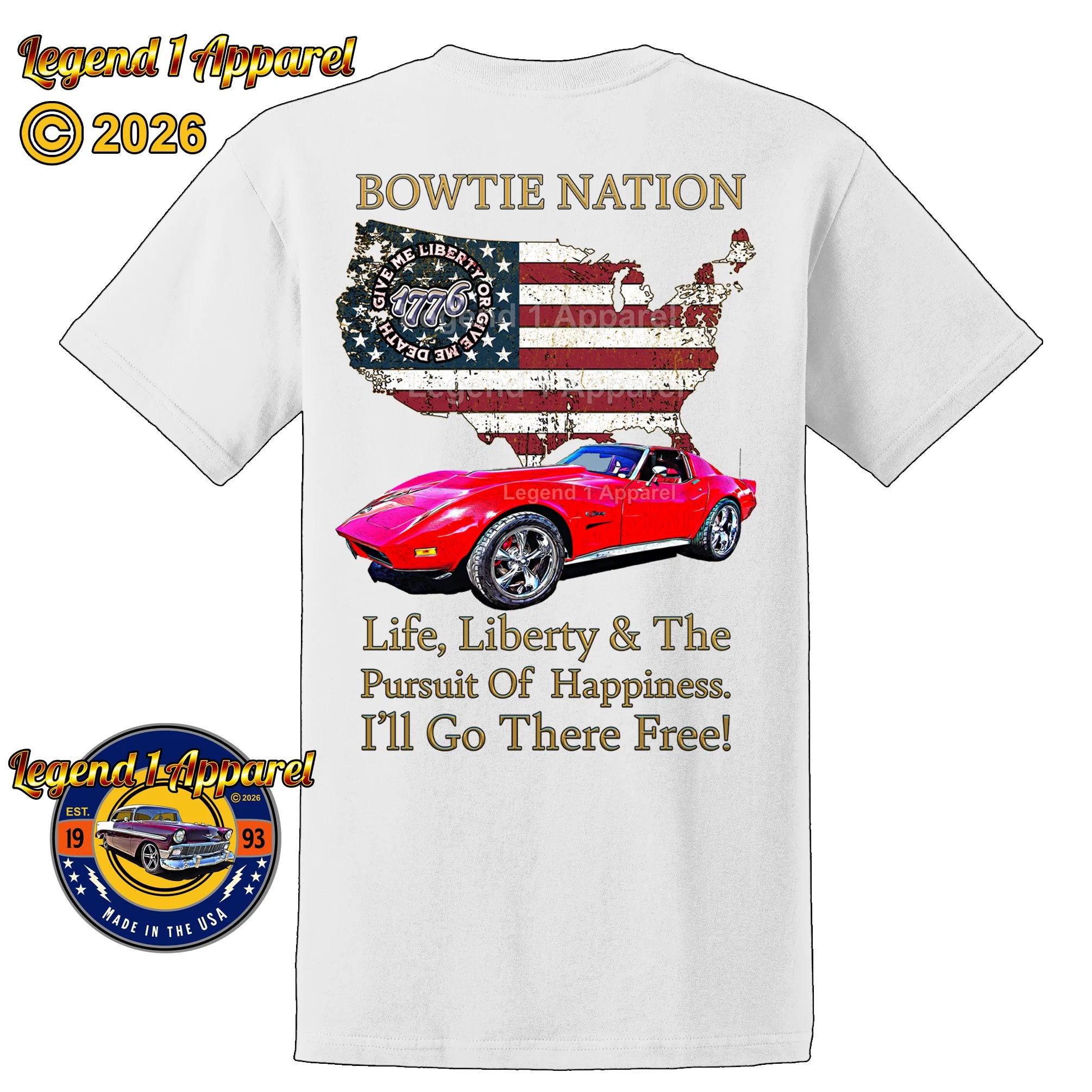 1974 Chevrolet C3 Corvette Bowtie Nation T-Shirt – 74 Chevy Classic Car Graphic Tee