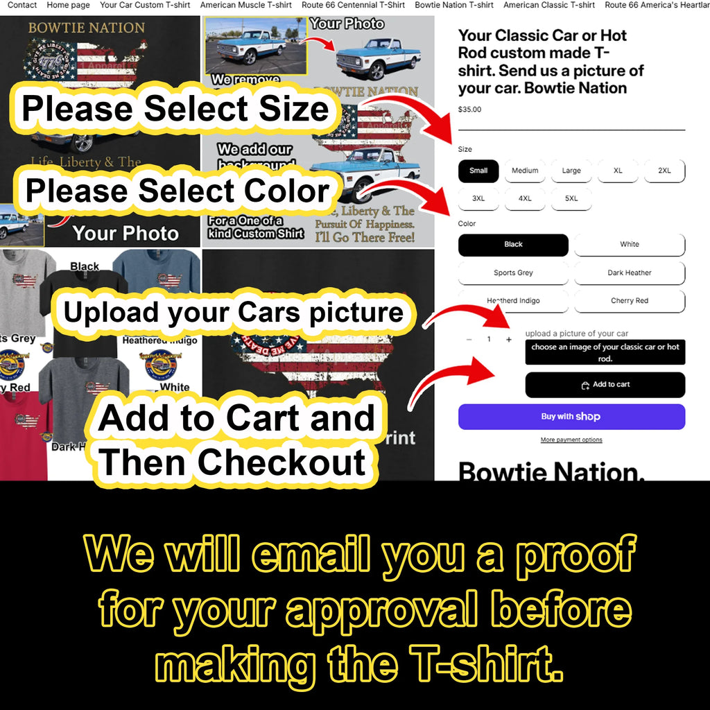 Your Classic Car or Hot Rod custom made T-shirt. Send us a picture of your car. Bowtie Nation