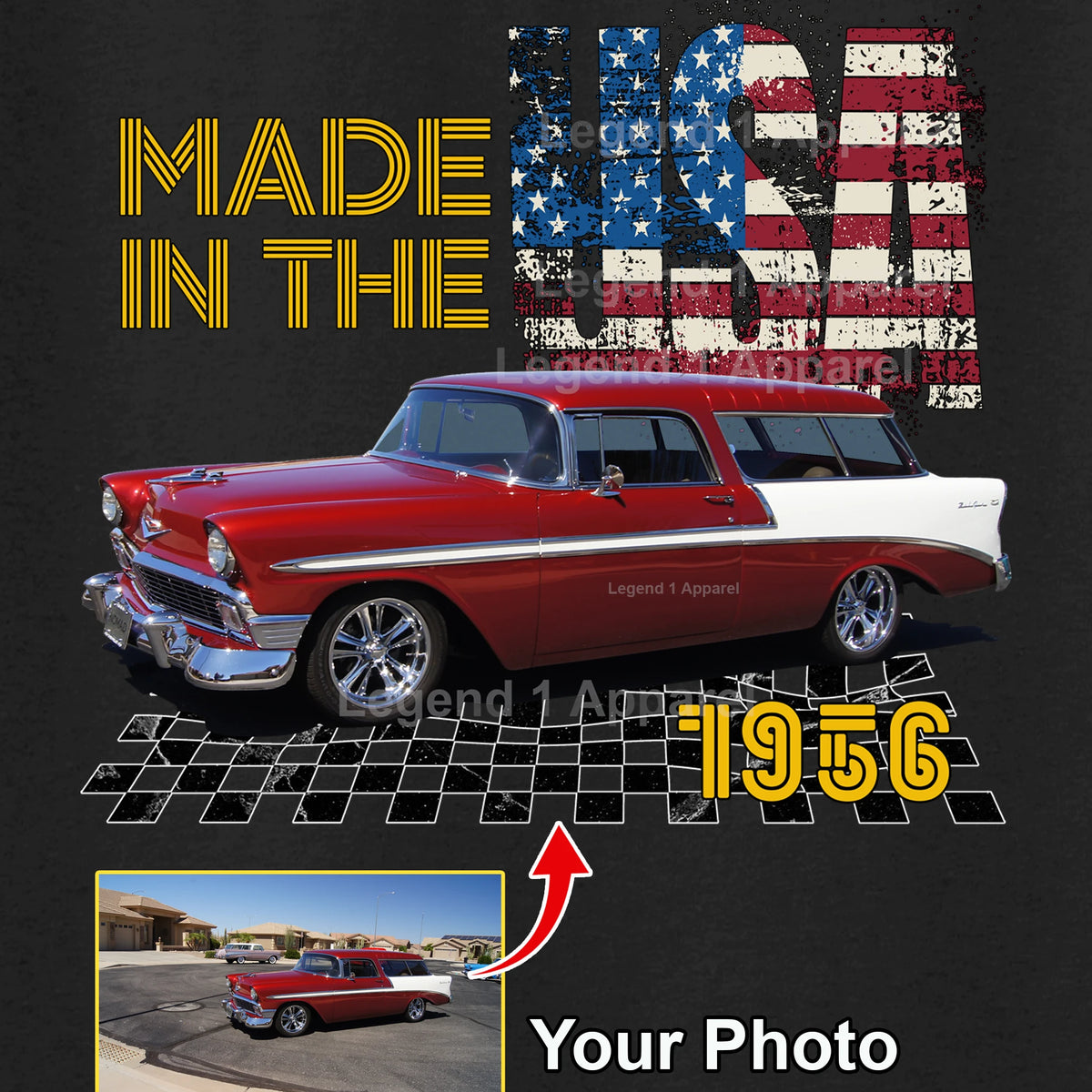 Your Classic Car or Hot Rod custom made T-shirt. Send us a picture of your car, Made In The USA