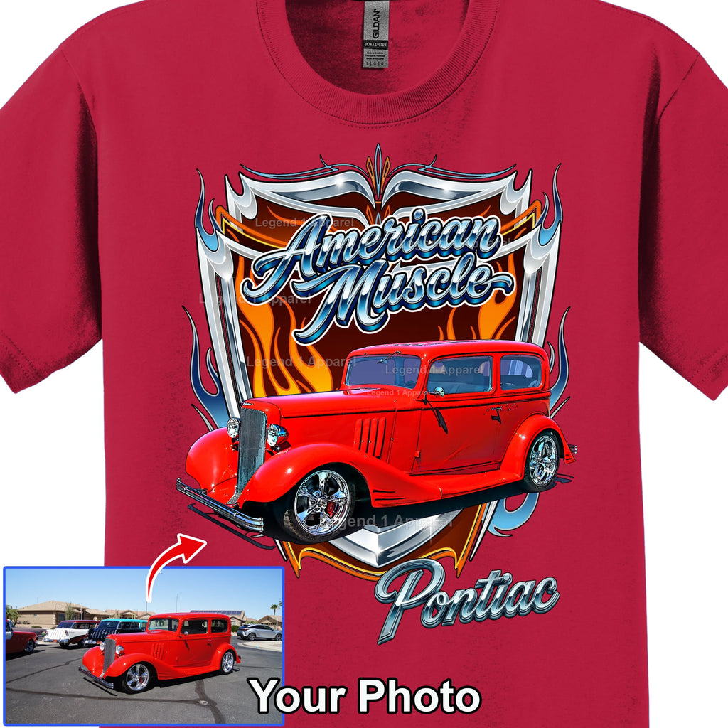 Your Classic Car or Hot Rod custom made T-shirt. Send us a picture of your car, American muscle background