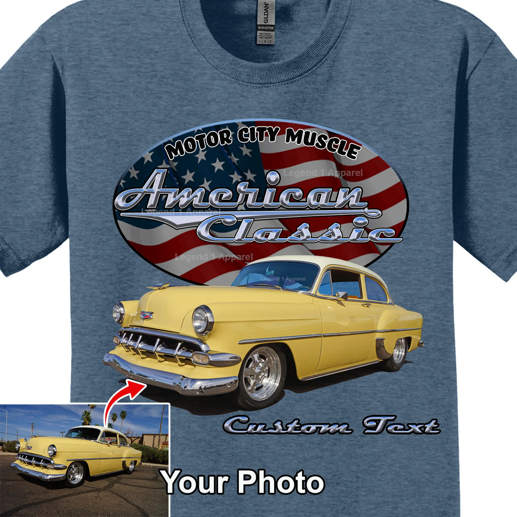 Your Classic Car or Hot Rod custom made T-shirt. Send us a picture of your car. American Classic Background