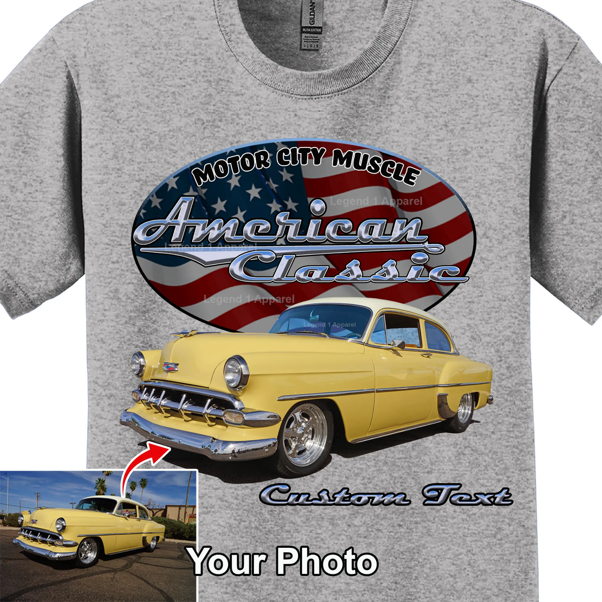 Your Classic Car or Hot Rod custom made T-shirt. Send us a picture of your car. American Classic Background