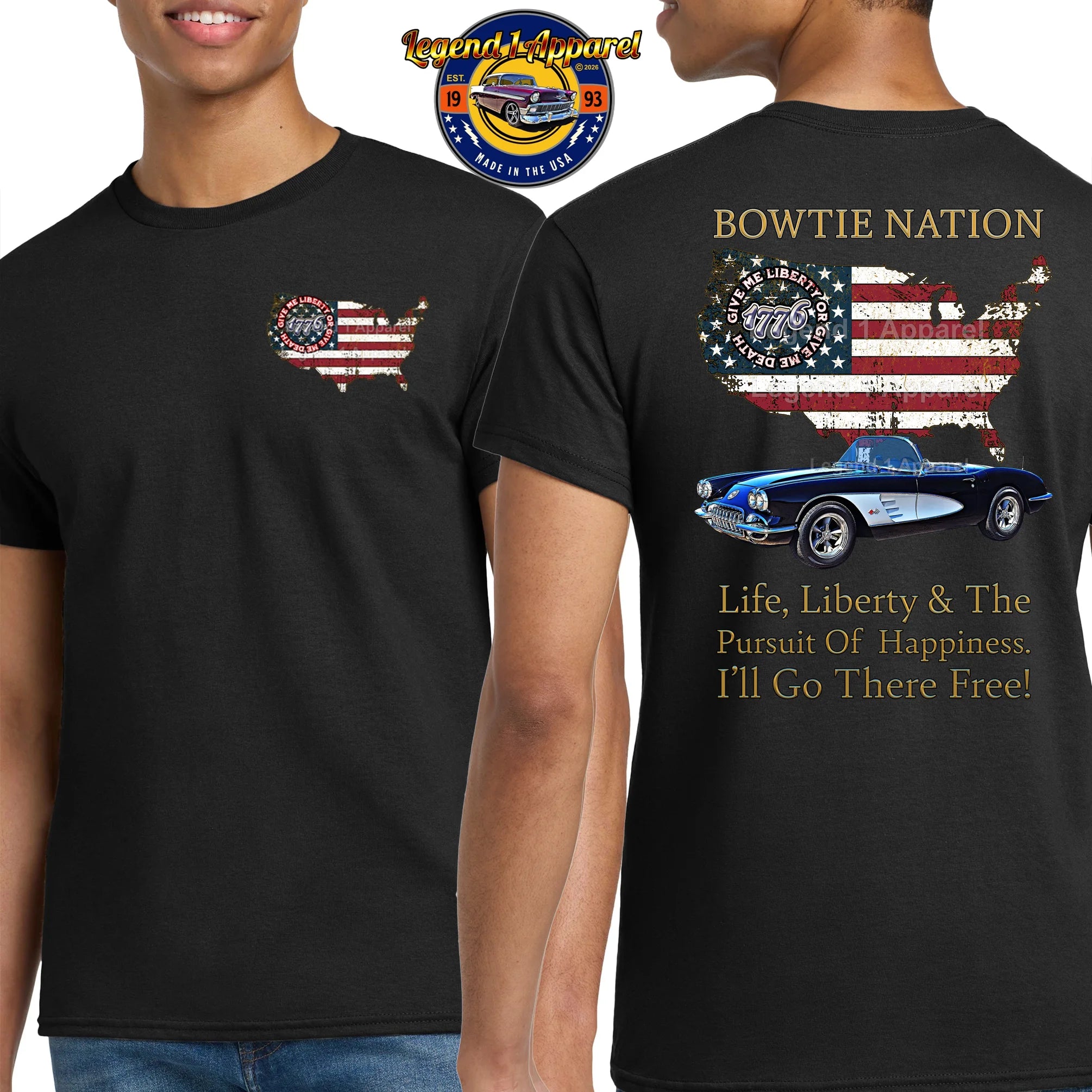 1960 Chevrolet C1 Corvette Bowtie Nation T-Shirt – 60 Chevy Classic Car Graphic Tee