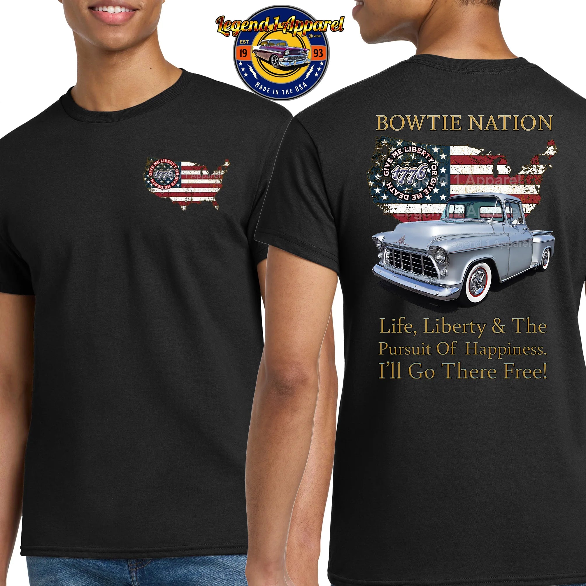 1955 Chevrolet Pick Up Truck Bowtie Nation T-Shirt – 55 Chevy Classic Truck Graphic Tee
