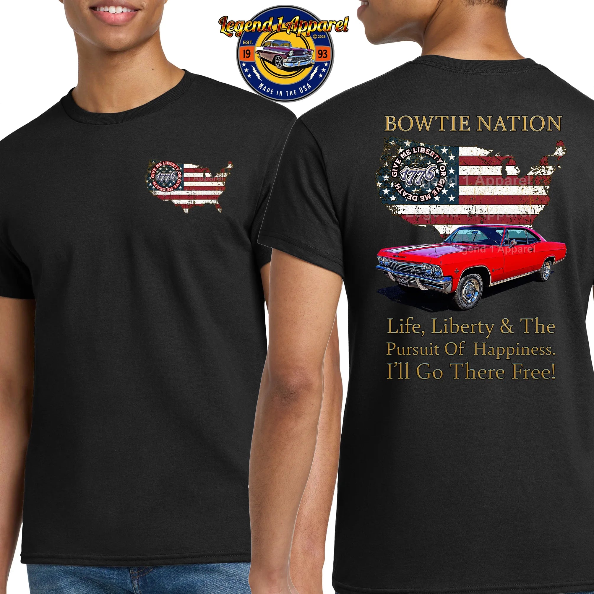 1965 Chevrolet Impala SS Bowtie Nation T-Shirt – 65 Chevy Classic Car Graphic Tee