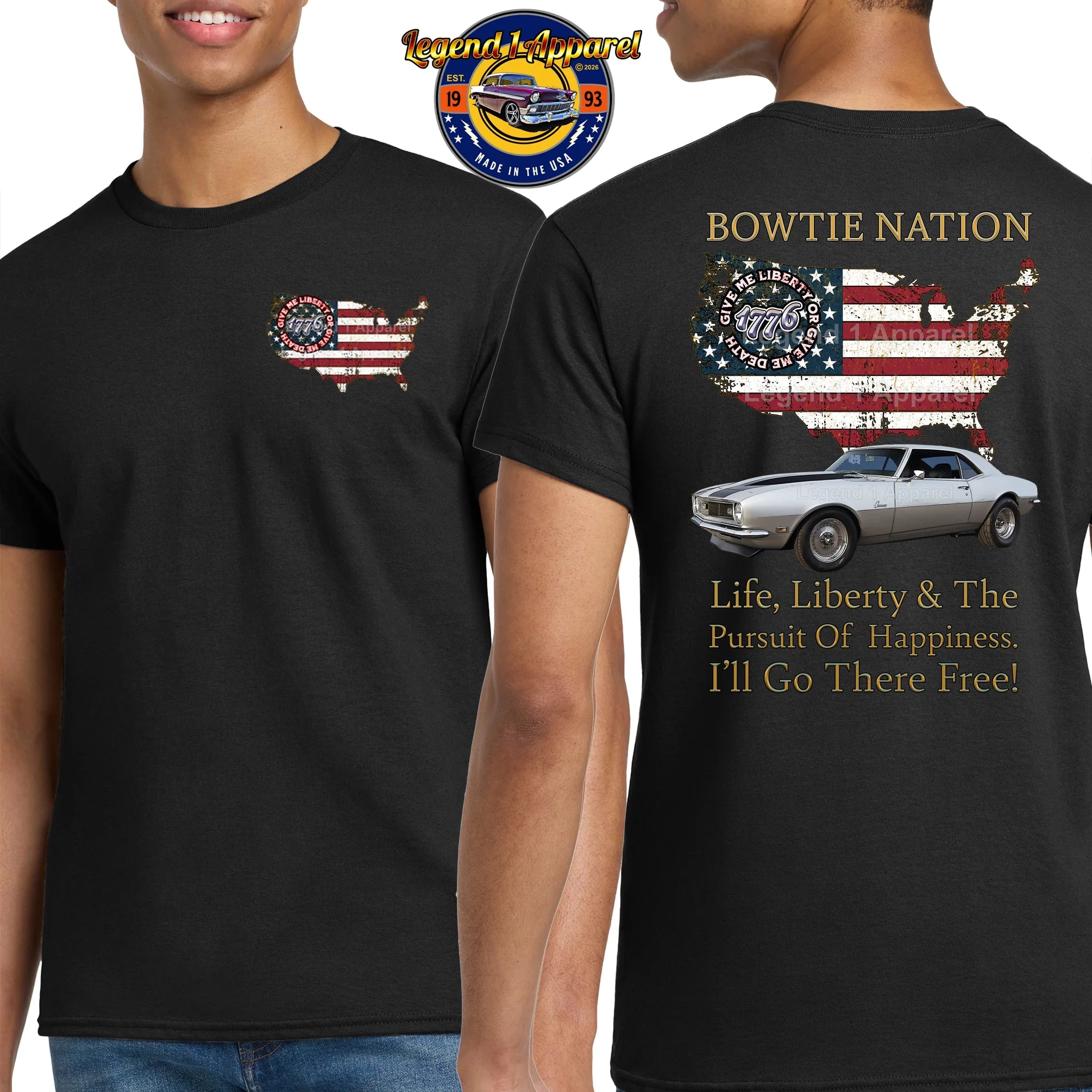 1968 Chevrolet Camaro Bowtie Nation T-Shirt – 68 Chevy Classic Car Graphic Tee