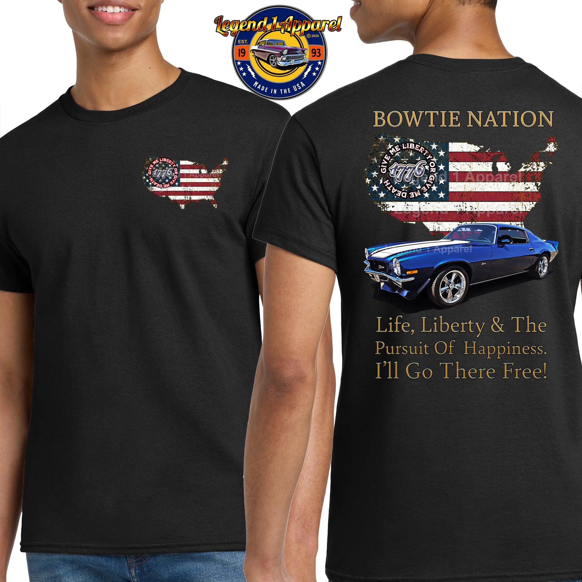 1973 Chevrolet Camaro Bowtie Nation T-Shirt – 73 Chevy Classic Car Graphic Tee