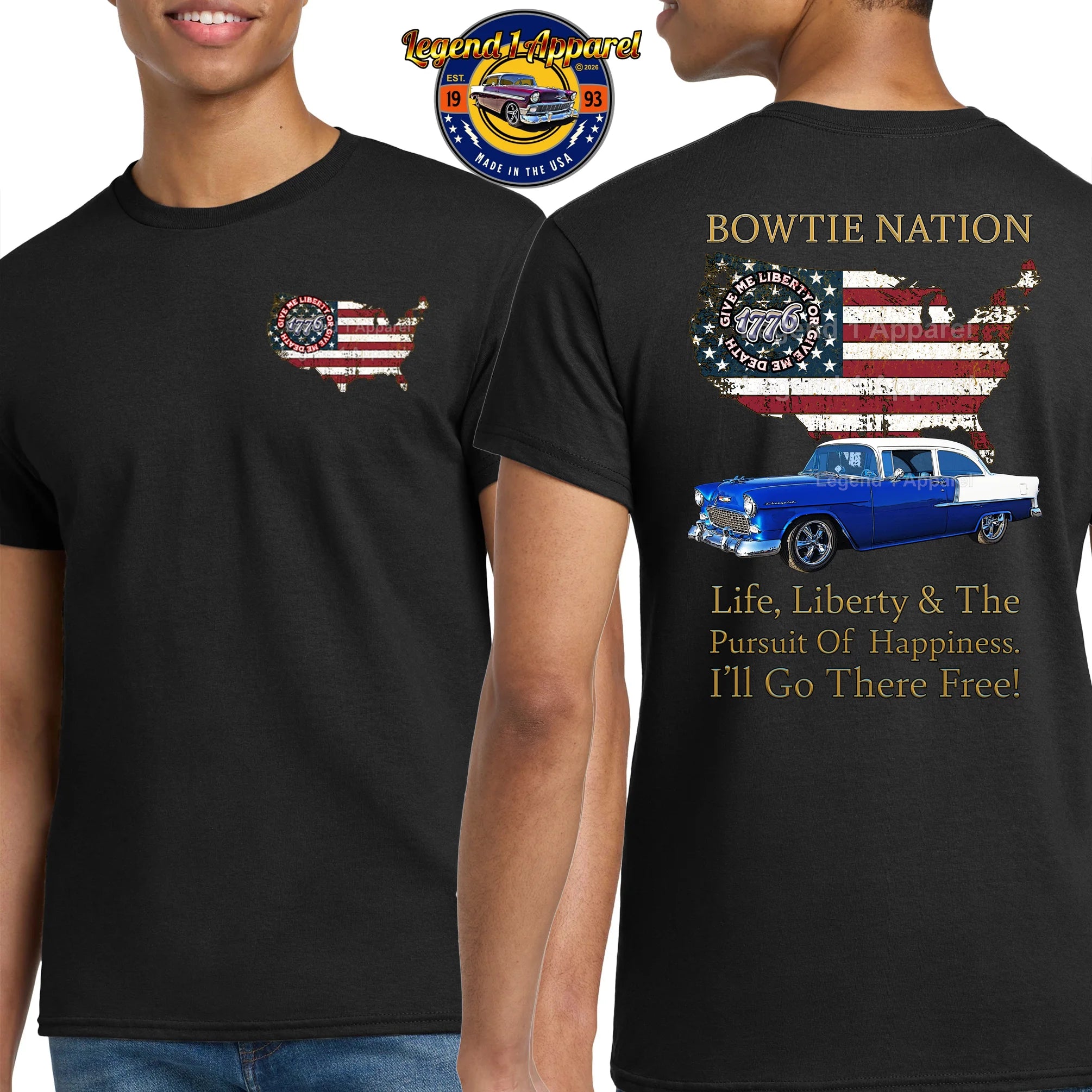 1955 Chevrolet Bel Air Bowtie Nation T-Shirt – 55 Chevy Classic Car Graphic Tee