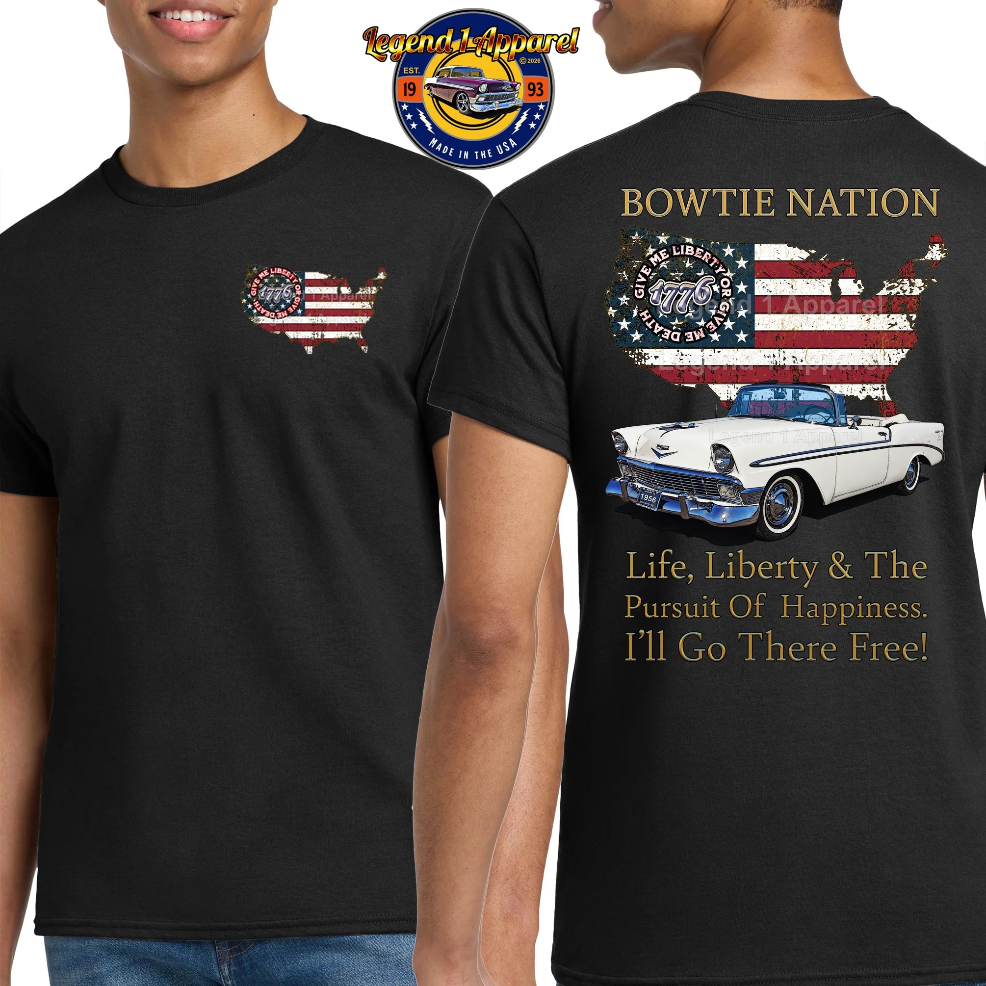 1956 Chevrolet Bel Air Convertible Bowtie Nation T-Shirt – 56 Chevy Classic Car Graphic Tee