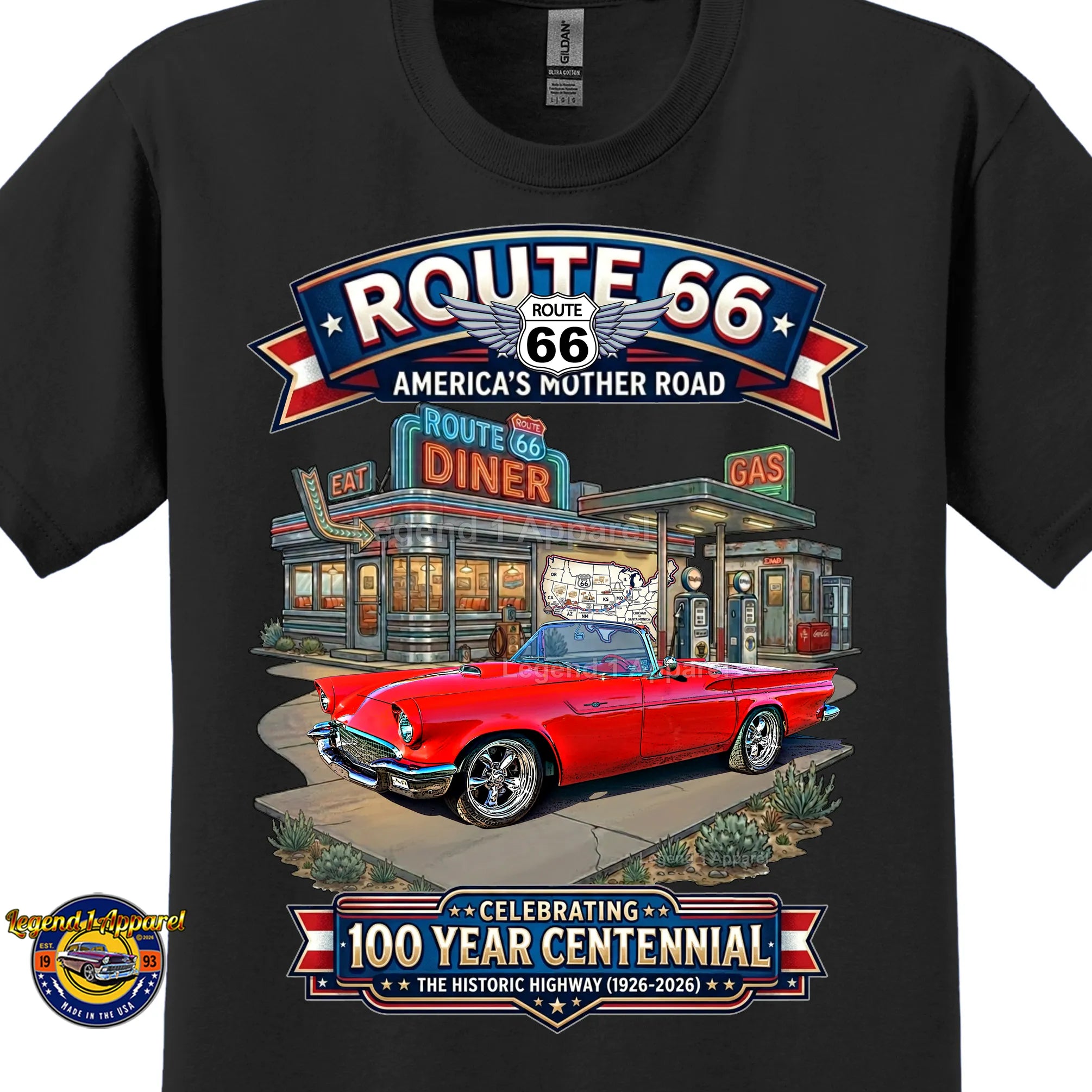 1957 Ford Thunderbird Classic Car Graphic Tee – Route 66 Centennial T-Shirt