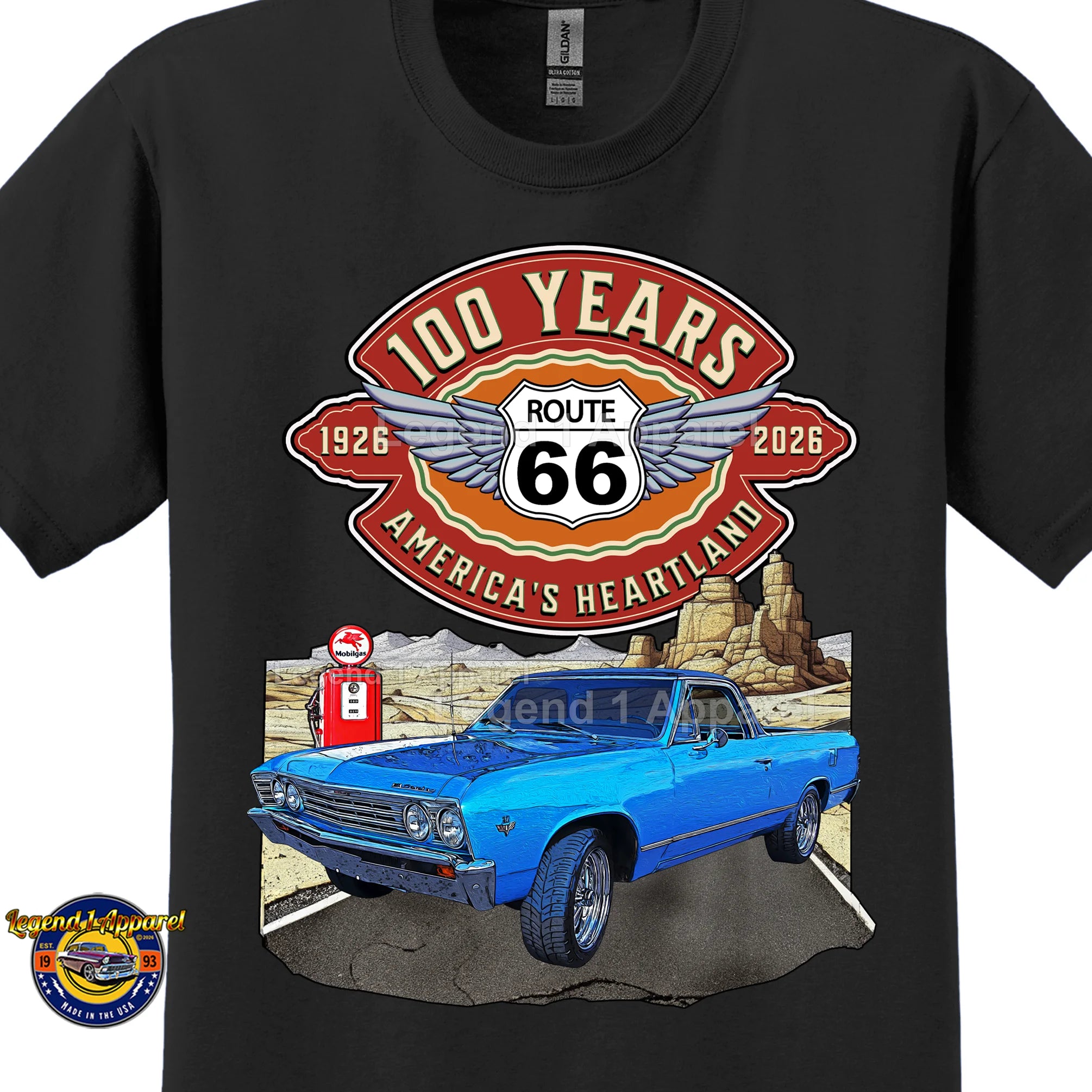 1966 Chevrolet El Camino Classic Truck Graphic Tee – Route 66 100 Years T-Shirt