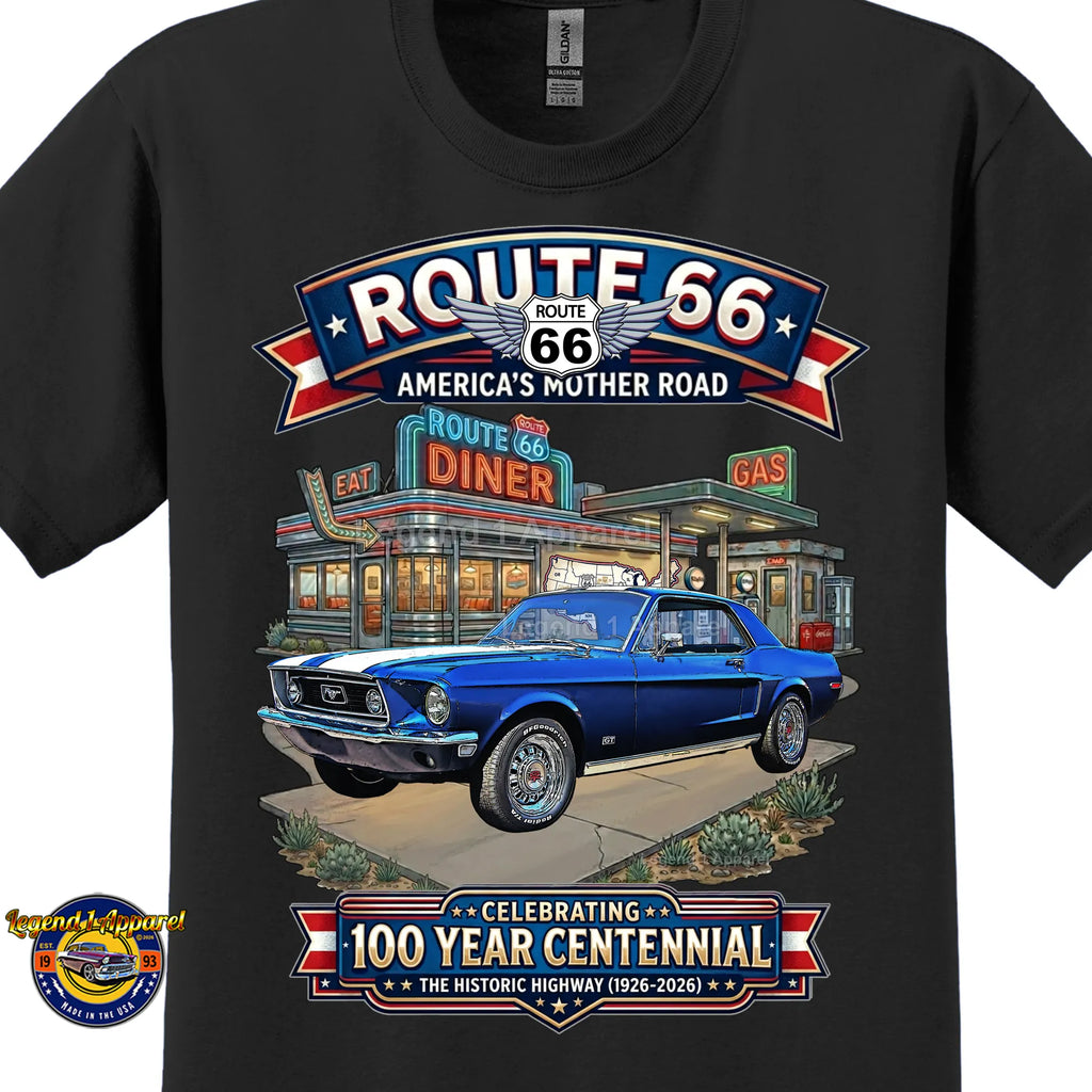 1968 Ford Mustang GT Classic Car Graphic Tee – Route 66 Centennial T-Shirt