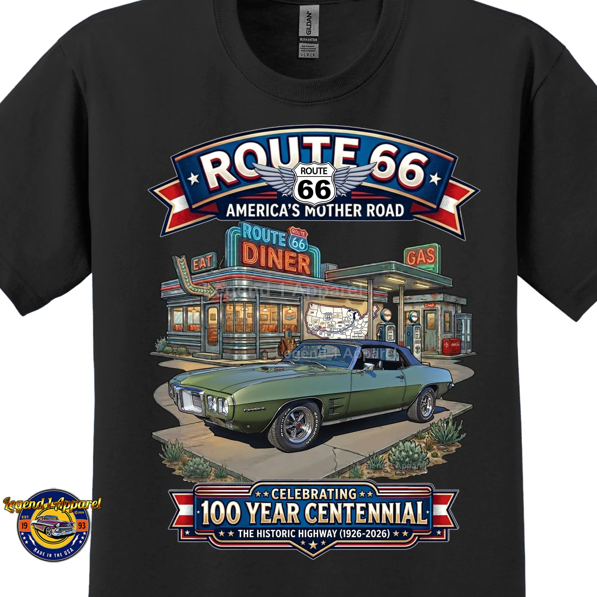 1969 Pontiac Firebird Classic Car Graphic Tee – Route 66 Centennial T-Shirt