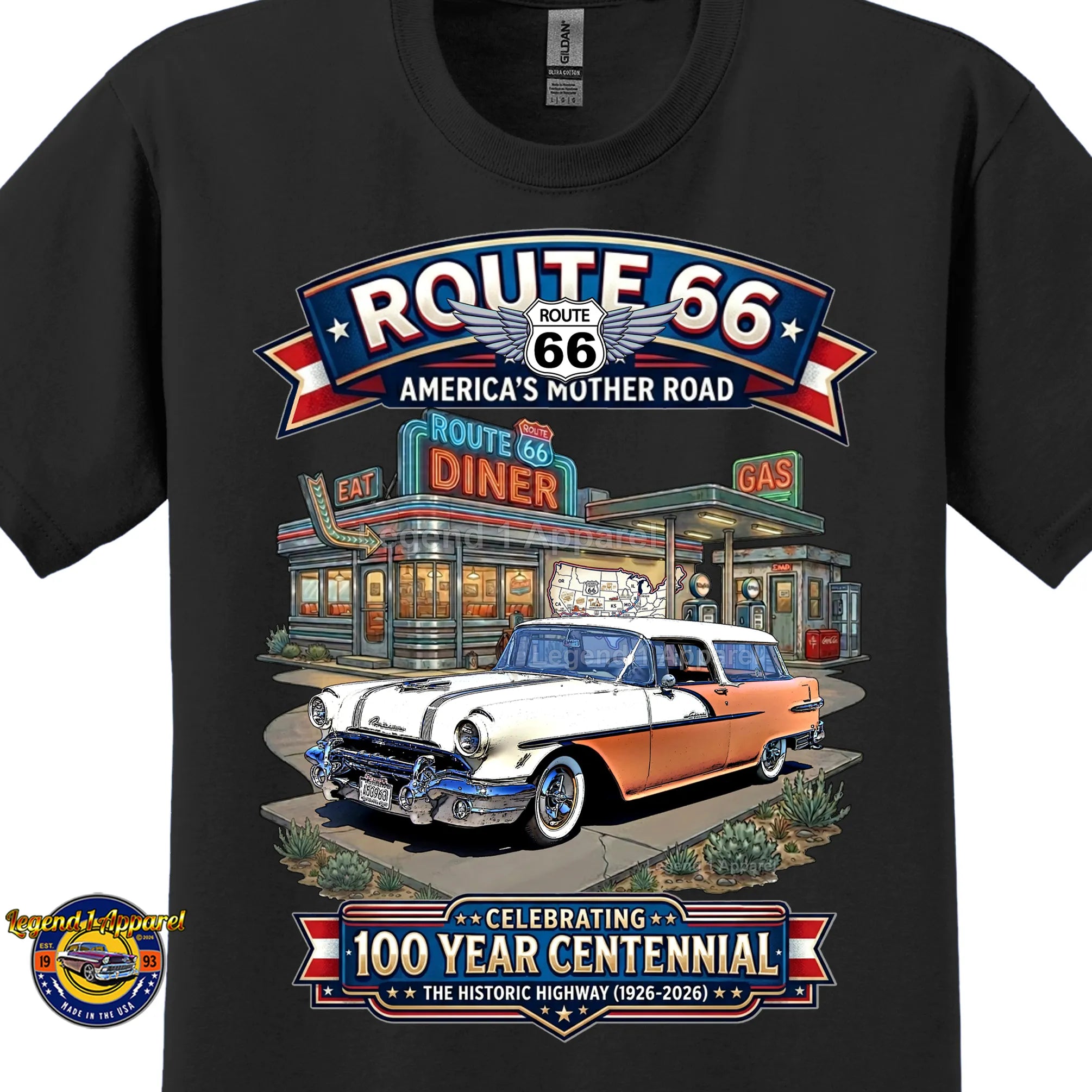 1956 Pontiac Safari Star Chief Station Wagon Classic Car Graphic Tee – Route 66 Centennial T-Shirt