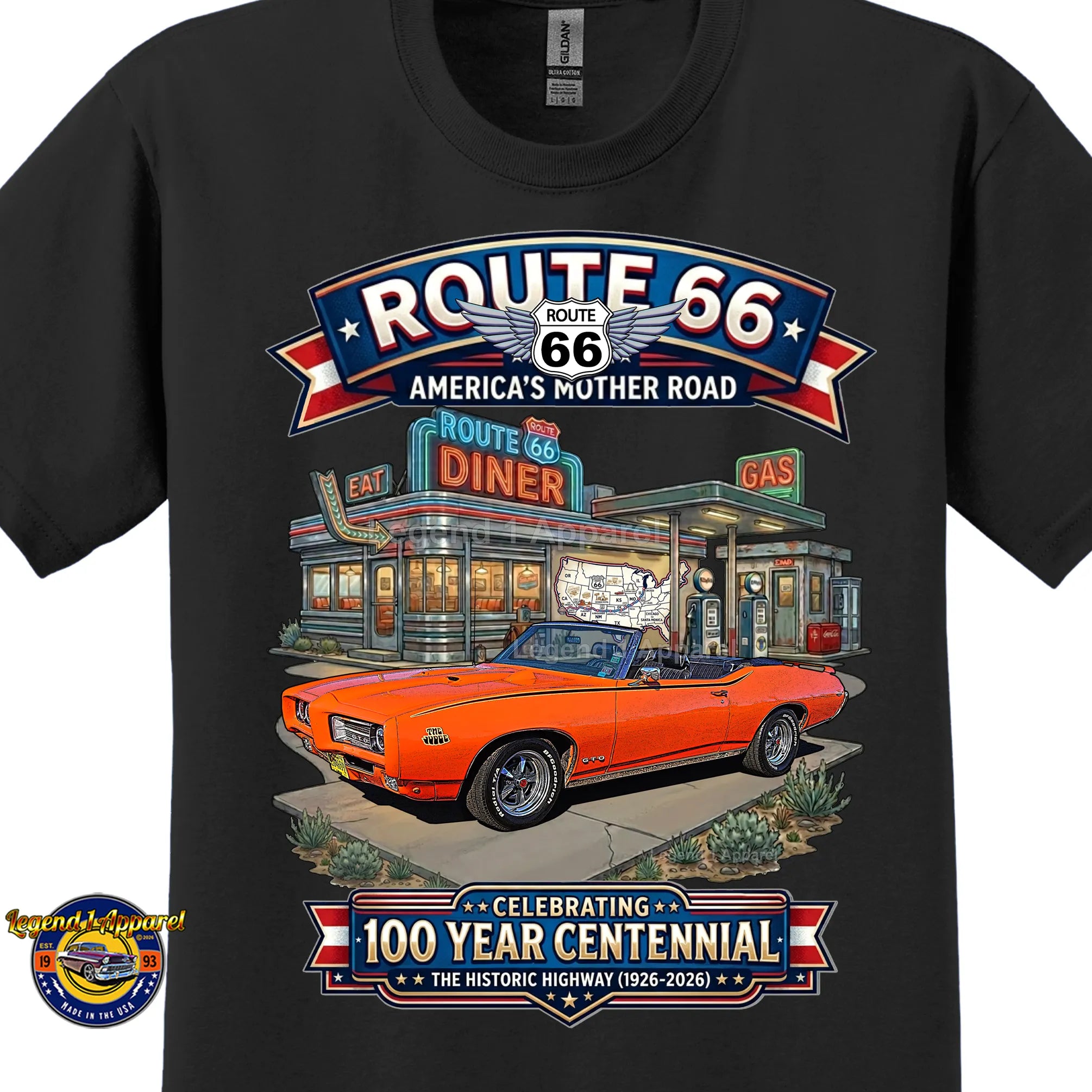 1969 Pontiac GTO Classic Car Graphic Tee – Route 66 Centennial T-Shirt