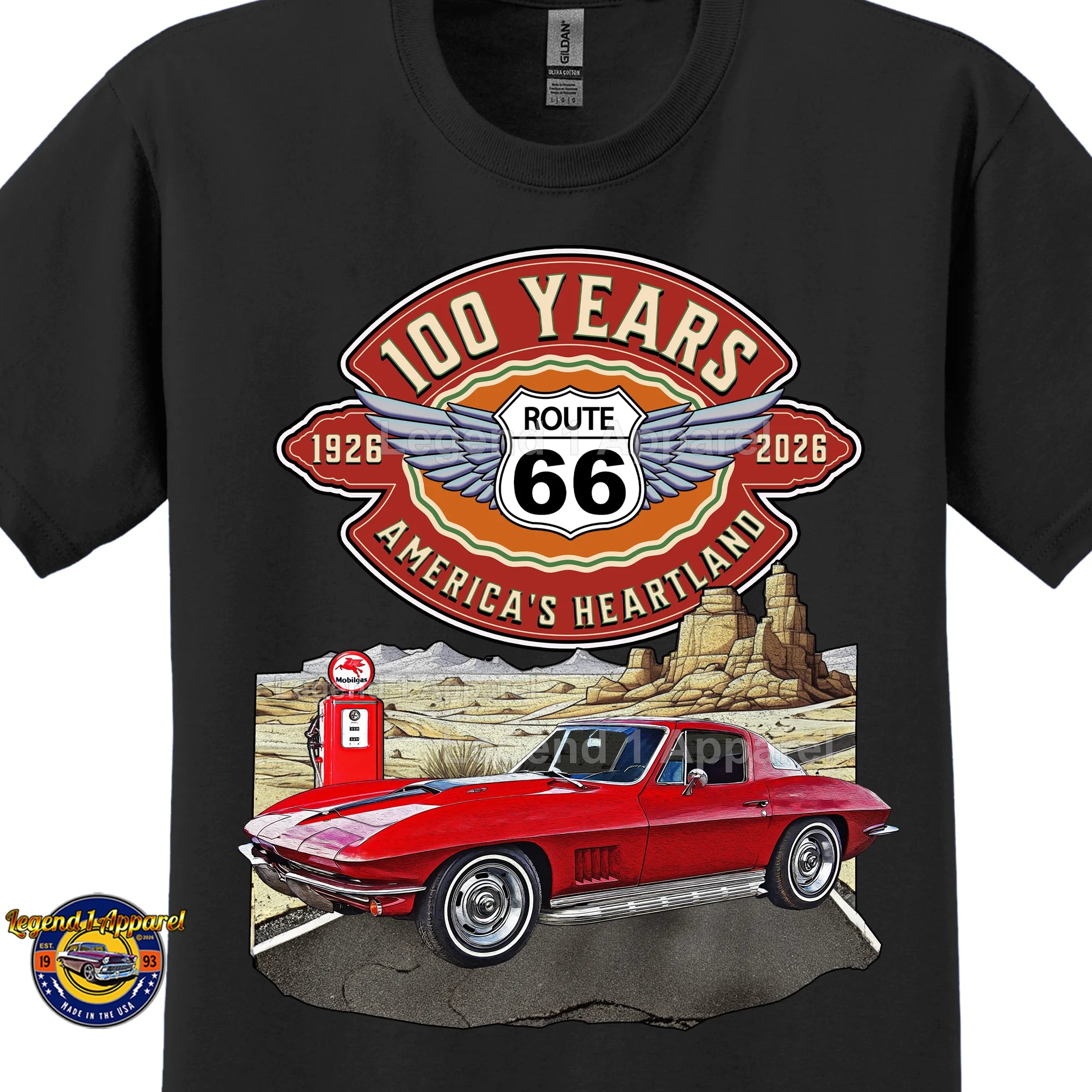 1967 Chevrolet Corvette C2 Classic Car Graphic Tee – Route 66 100 Years T-Shirt