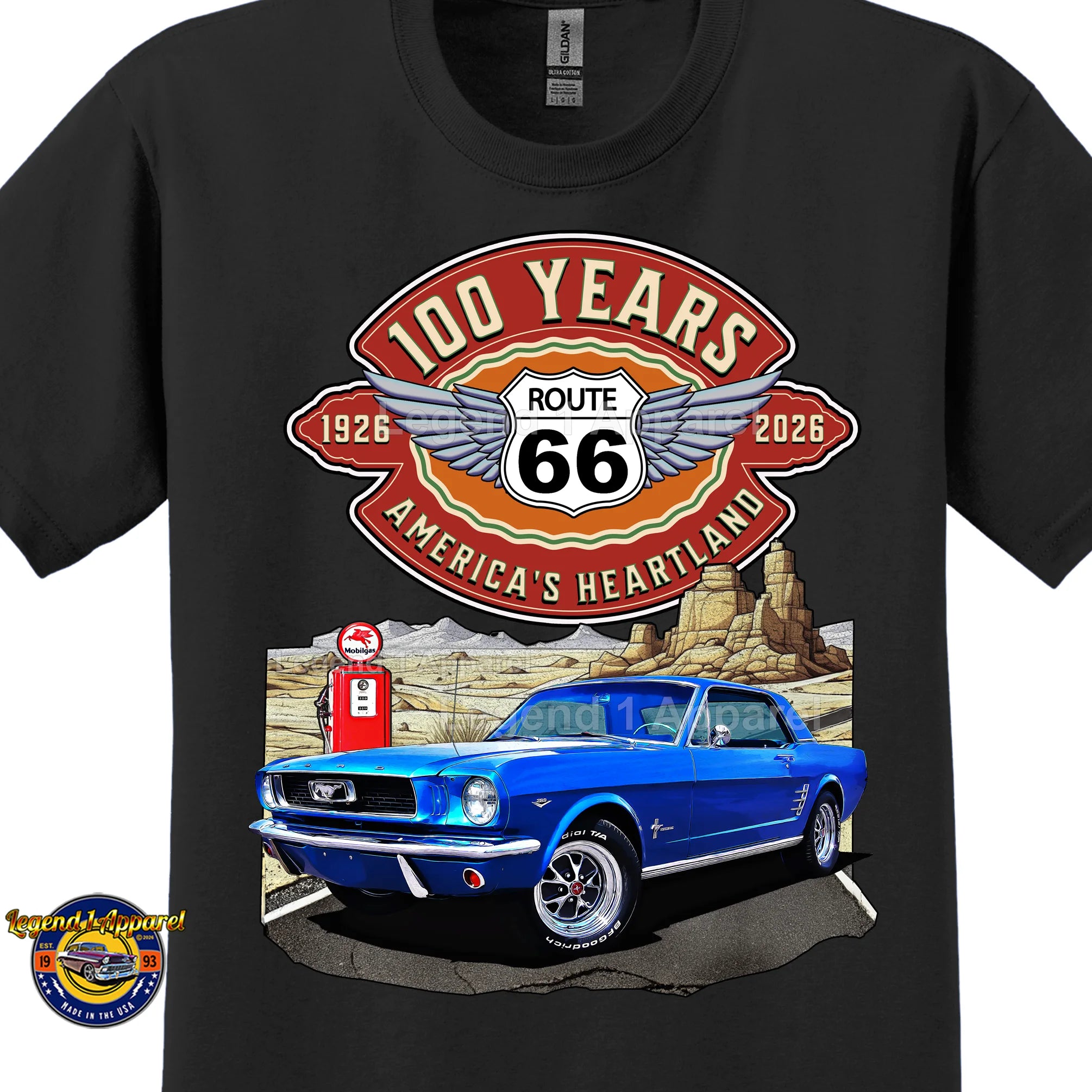 1966 Ford Mustang Hardtop Classic Car Graphic Tee – Route 66 100 Years T-Shirt