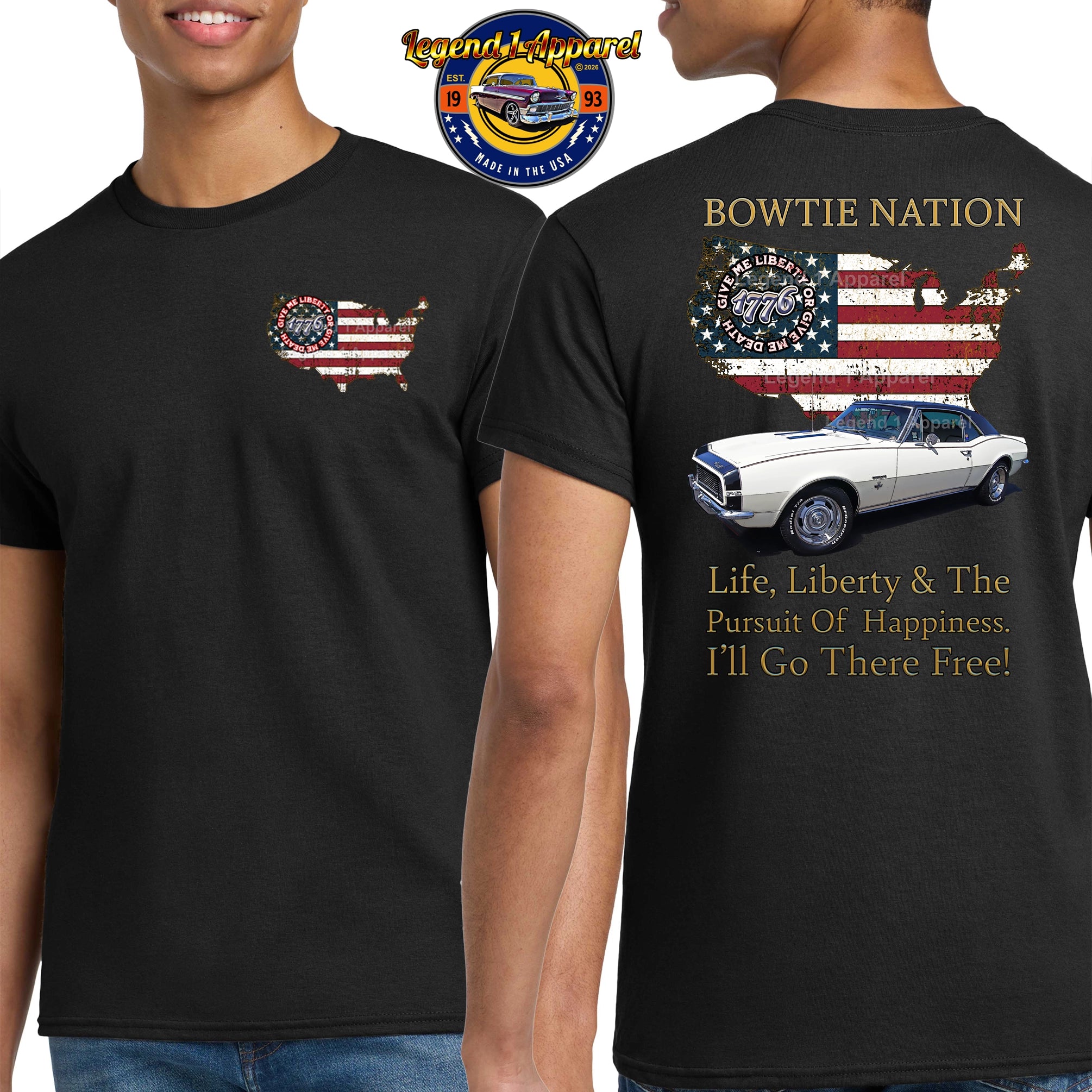 1967 Chevrolet Camaro Bowtie Nation T-Shirt – 67 Chevy Classic Car Graphic Tee