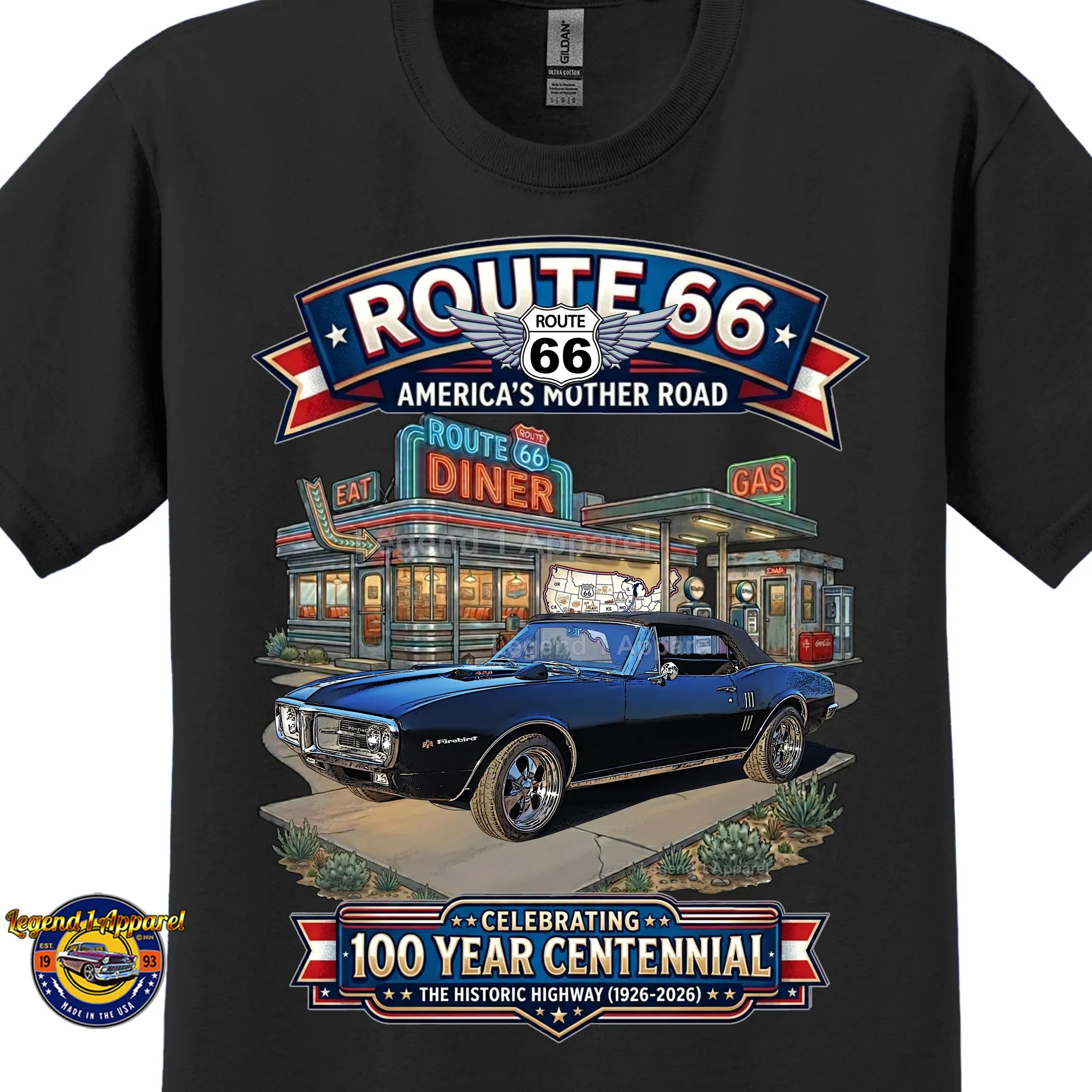 1967 Pontiac Firebird Classic Car Graphic Tee – Route 66 Centennial T-Shirt
