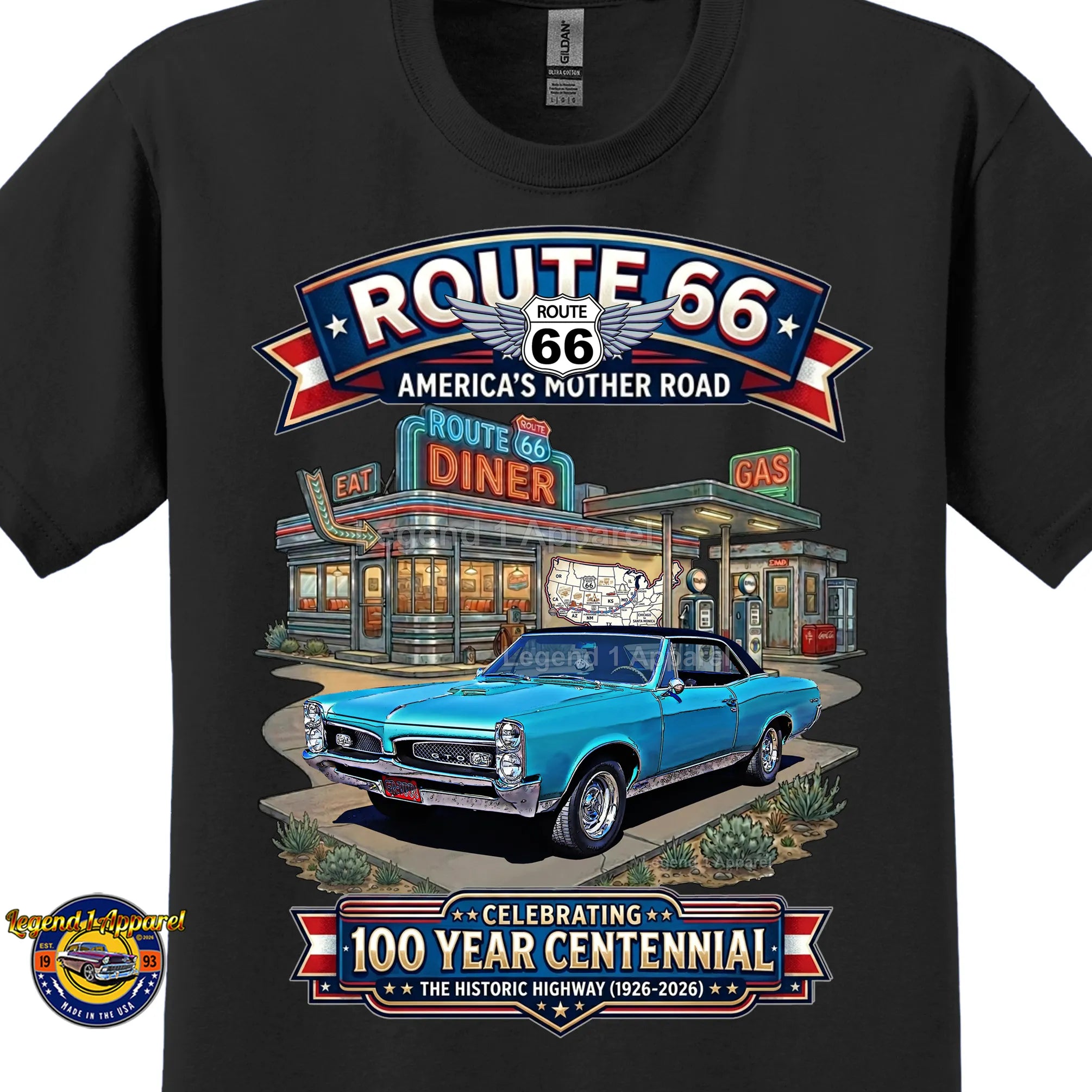 1967 Pontiac GTO Classic Car Graphic Tee – Route 66 Centennial T-Shirt