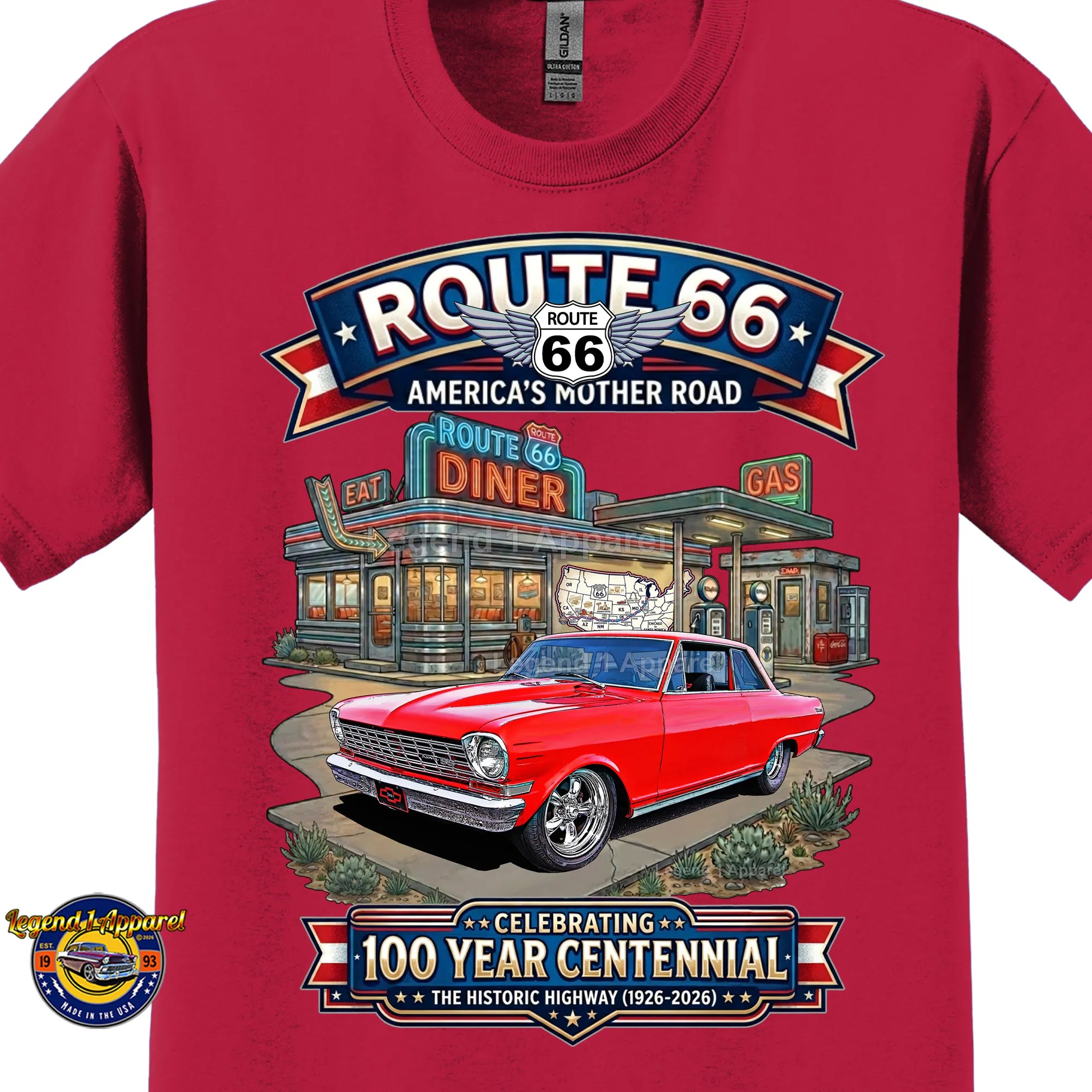 1964 Chevrolet Nova SS Classic Car Graphic Tee – Route 66 Centennial T-Shirt