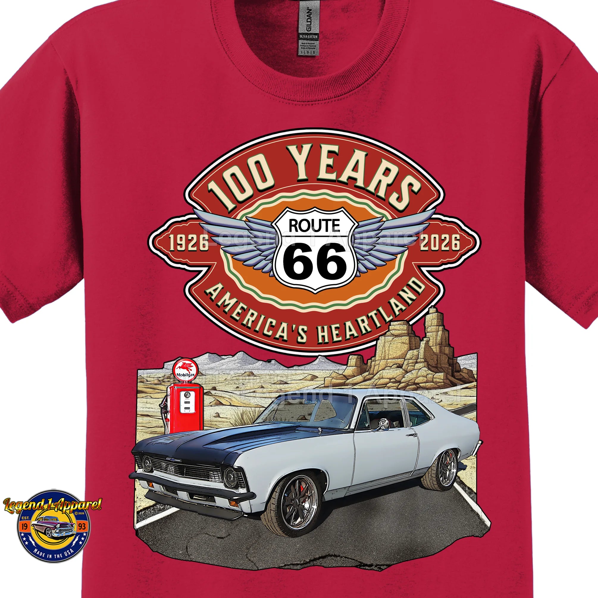 1972 Chevrolet Nova SS Classic Car Graphic Tee – Route 66 100 Years T-Shirt