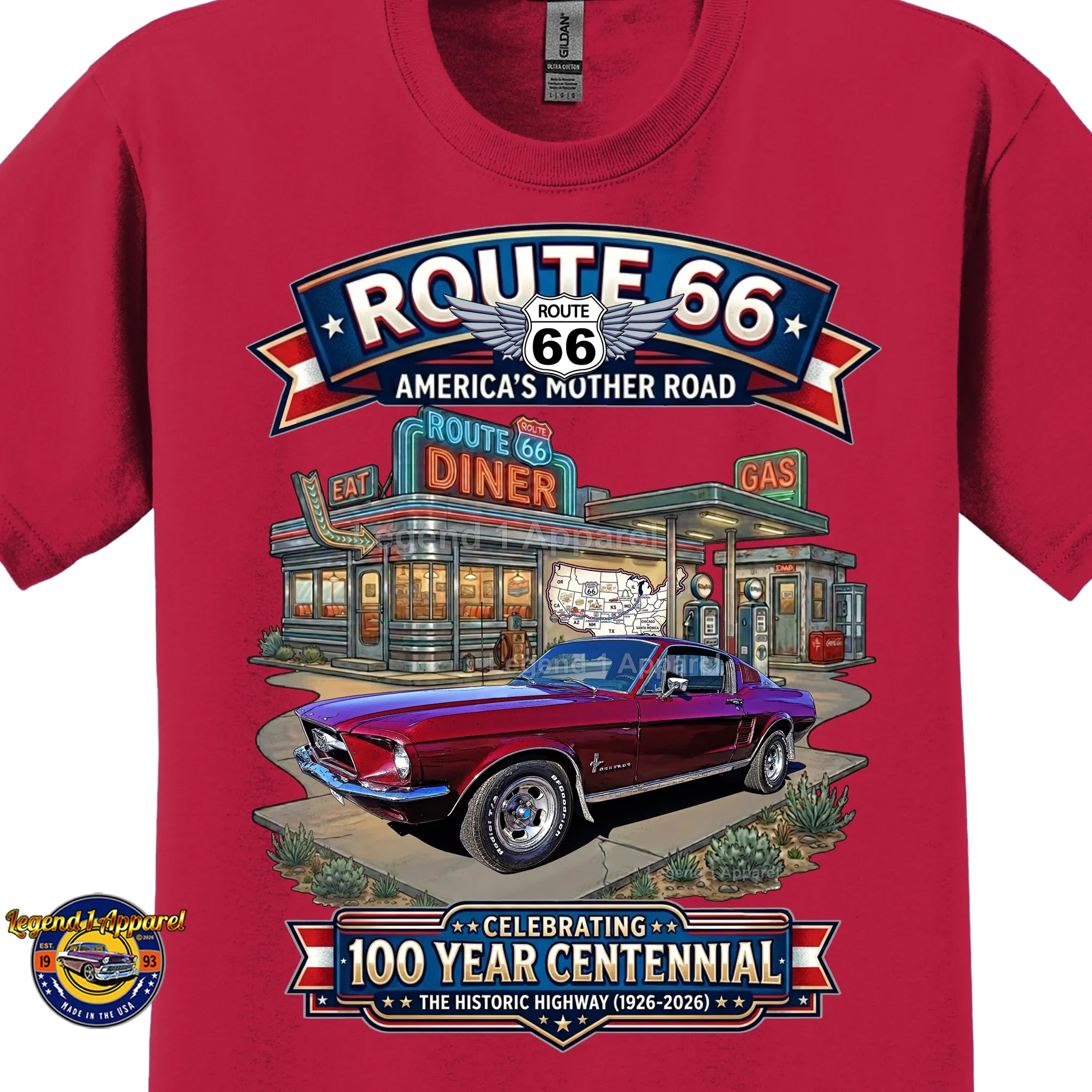 1967 Ford Mustang Fastback Classic Car Graphic Tee – Route 66 Centennial T-Shirt