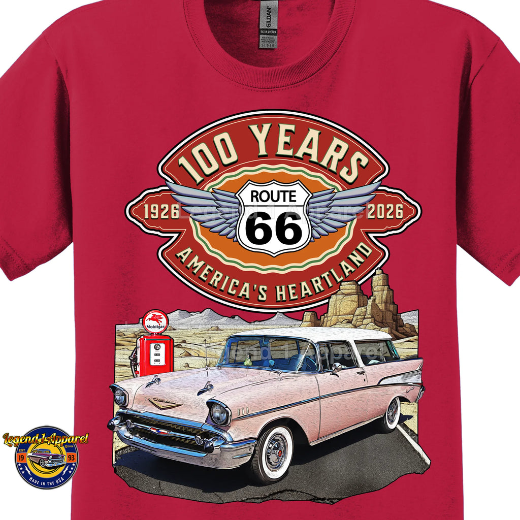 1957 Chevrolet Bel Air Nomad Classic Car Graphic Tee – Route 66 100 Years T-Shirt