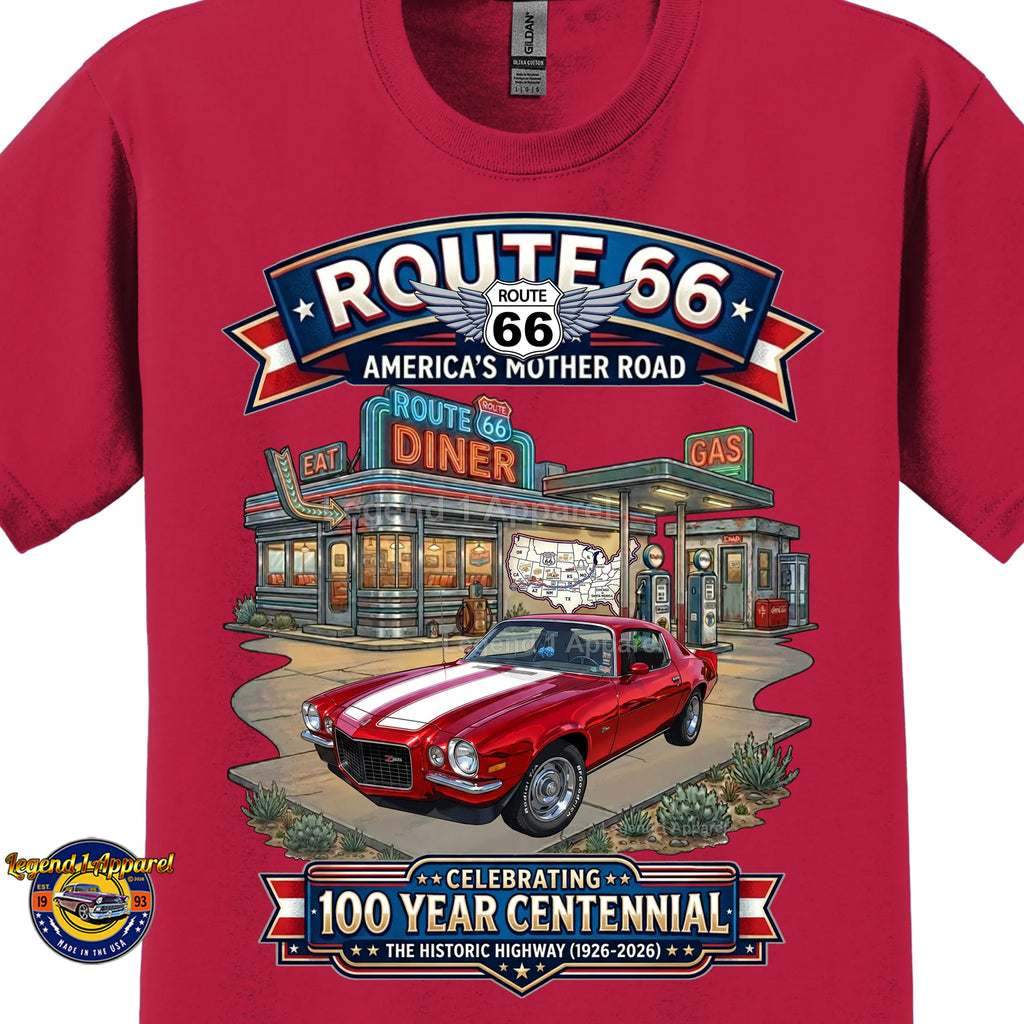 1970 Chevrolet Camaro Classic Car Graphic Tee – Route 66 Centennial T-Shirt