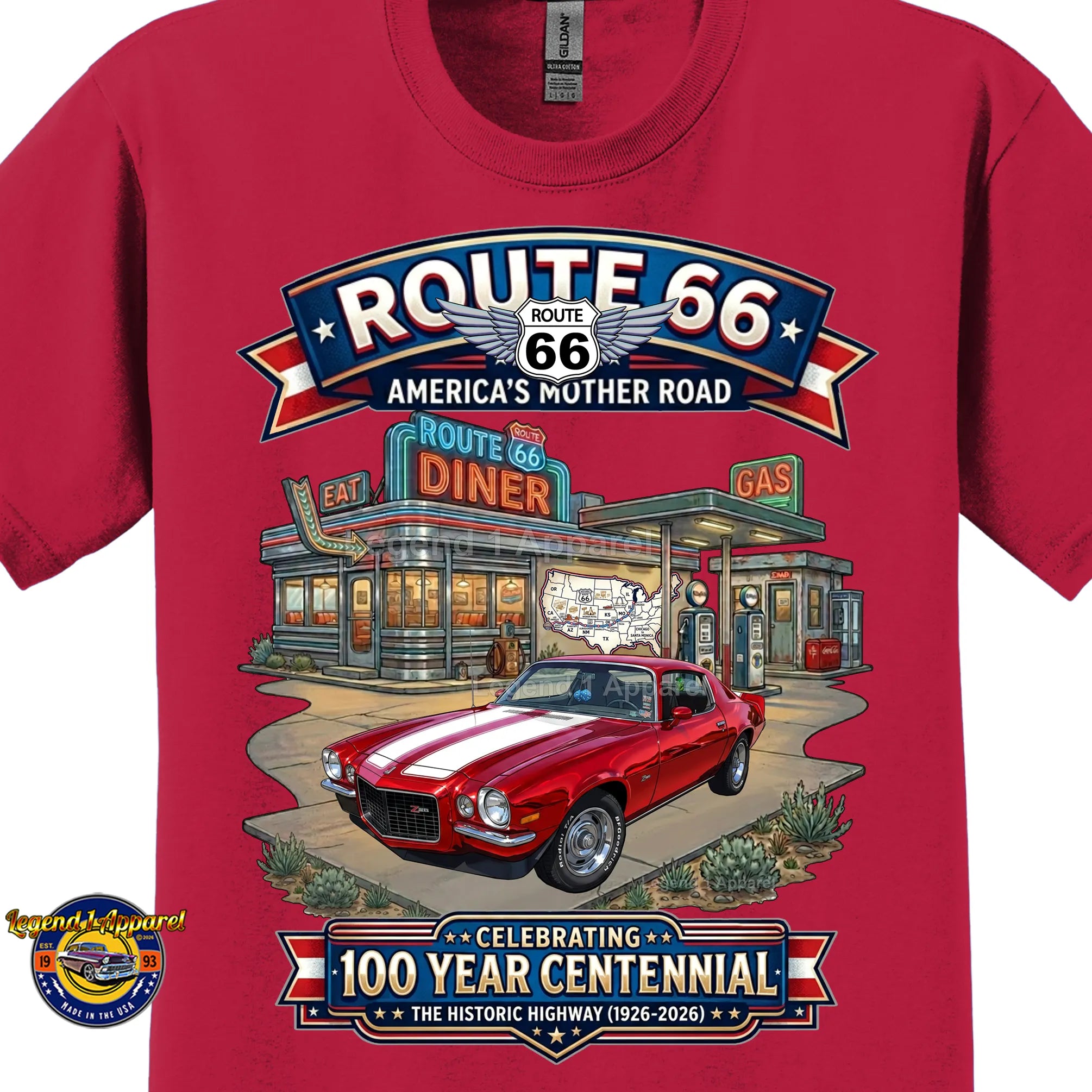 1970 Chevrolet Camaro Classic Car Graphic Tee – Route 66 Centennial T-Shirt