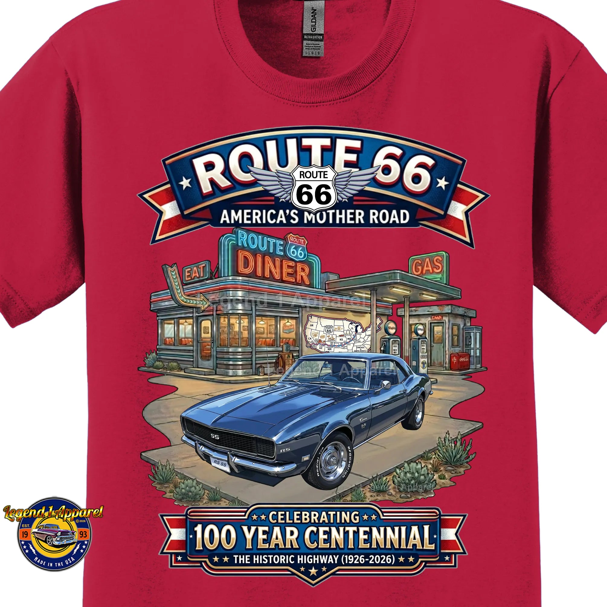1968 Chevrolet Camaro Classic Car Graphic Tee – Route 66 Centennial T-Shirt