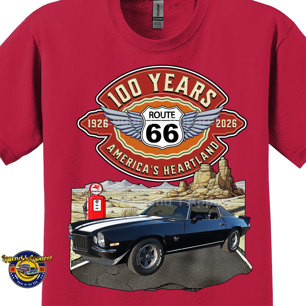 1973 Chevrolet Camaro Classic Car Graphic Tee – Route 66 100 Years T-Shirt