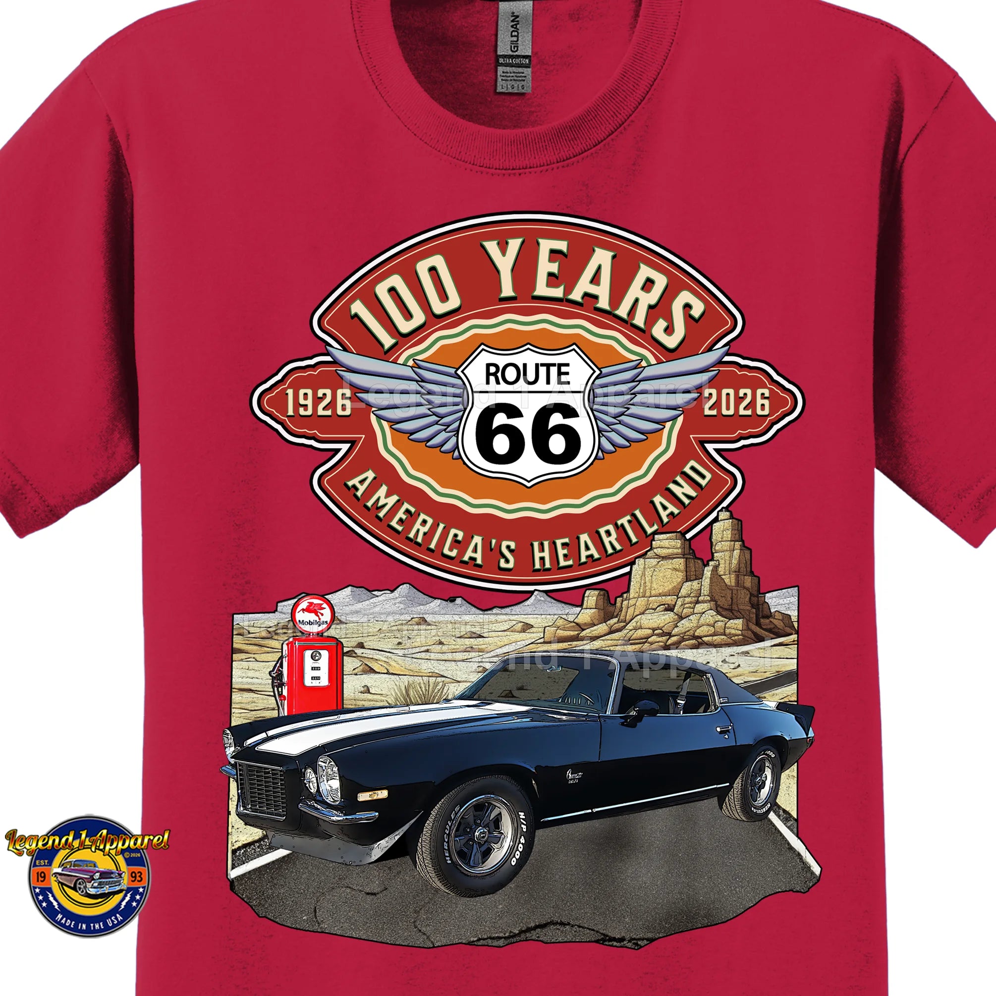 1973 Chevrolet Camaro Classic Car Graphic Tee – Route 66 100 Years T-Shirt
