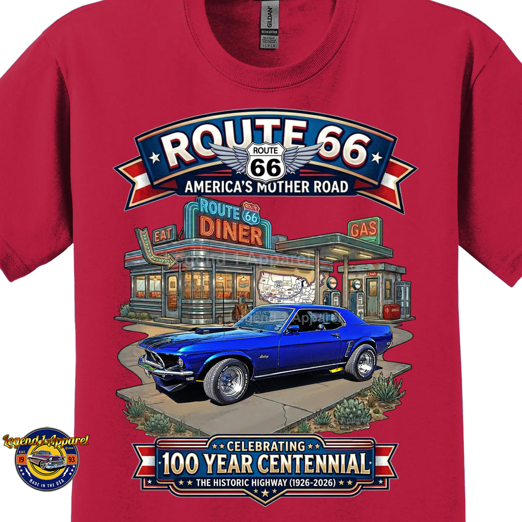 1969 Ford Mustang Hardtop Classic Car Graphic Tee – Route 66 Centennial T-Shirt