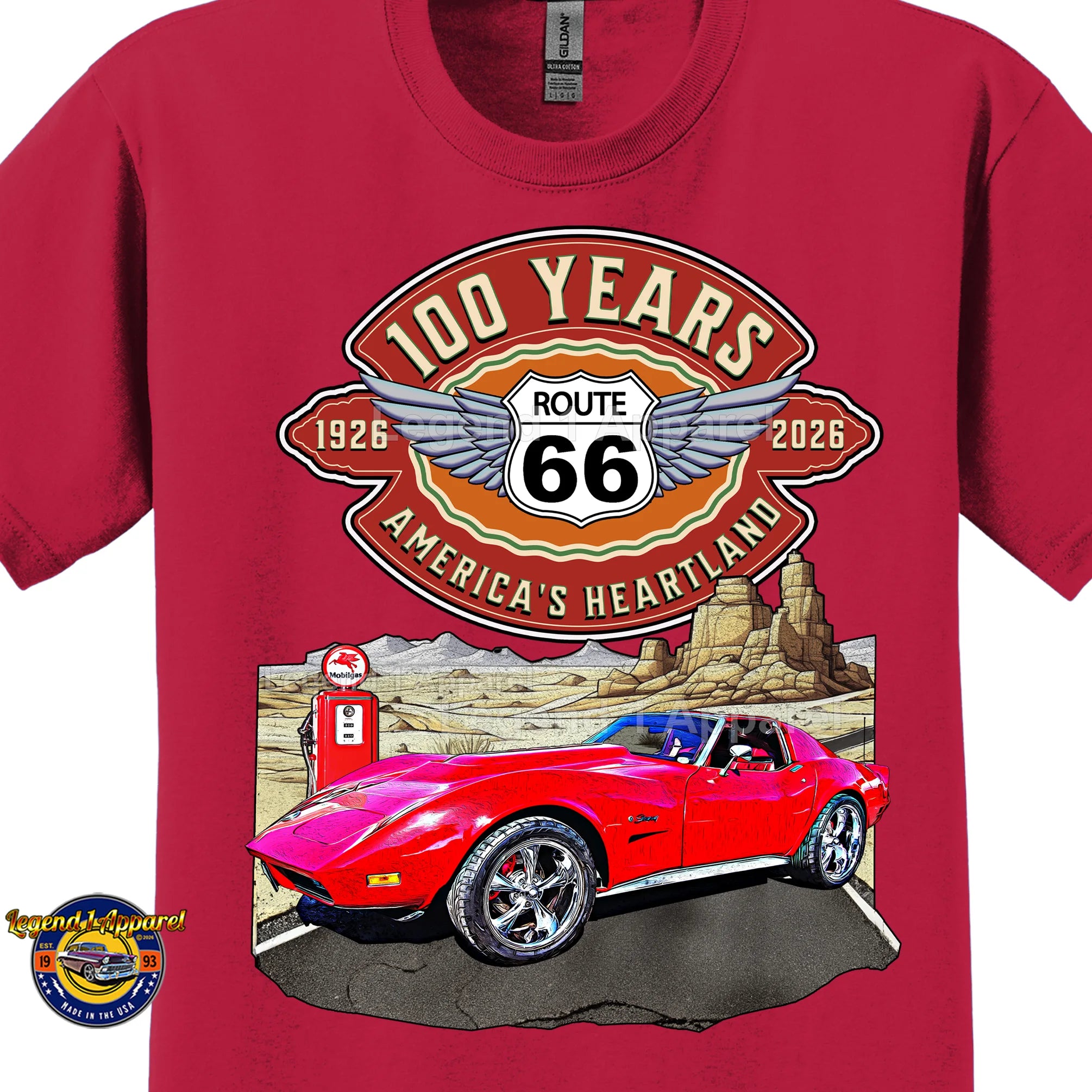 1974 Chevrolet Corvette C3 Classic Car Graphic Tee – Route 66 100 Years T-Shirt