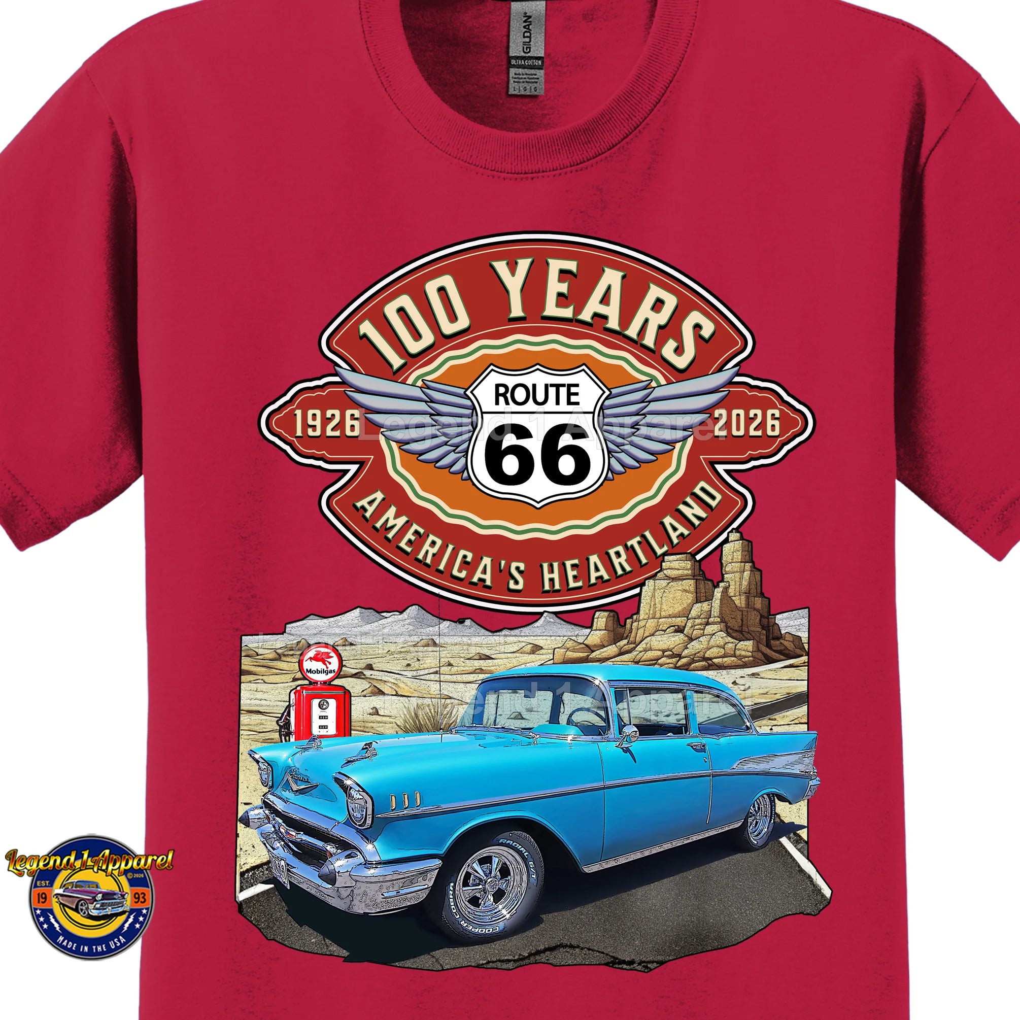 1957 Chevrolet Bel Air Coupe Classic Car Graphic Tee – Route 66 100 Years T-Shirt