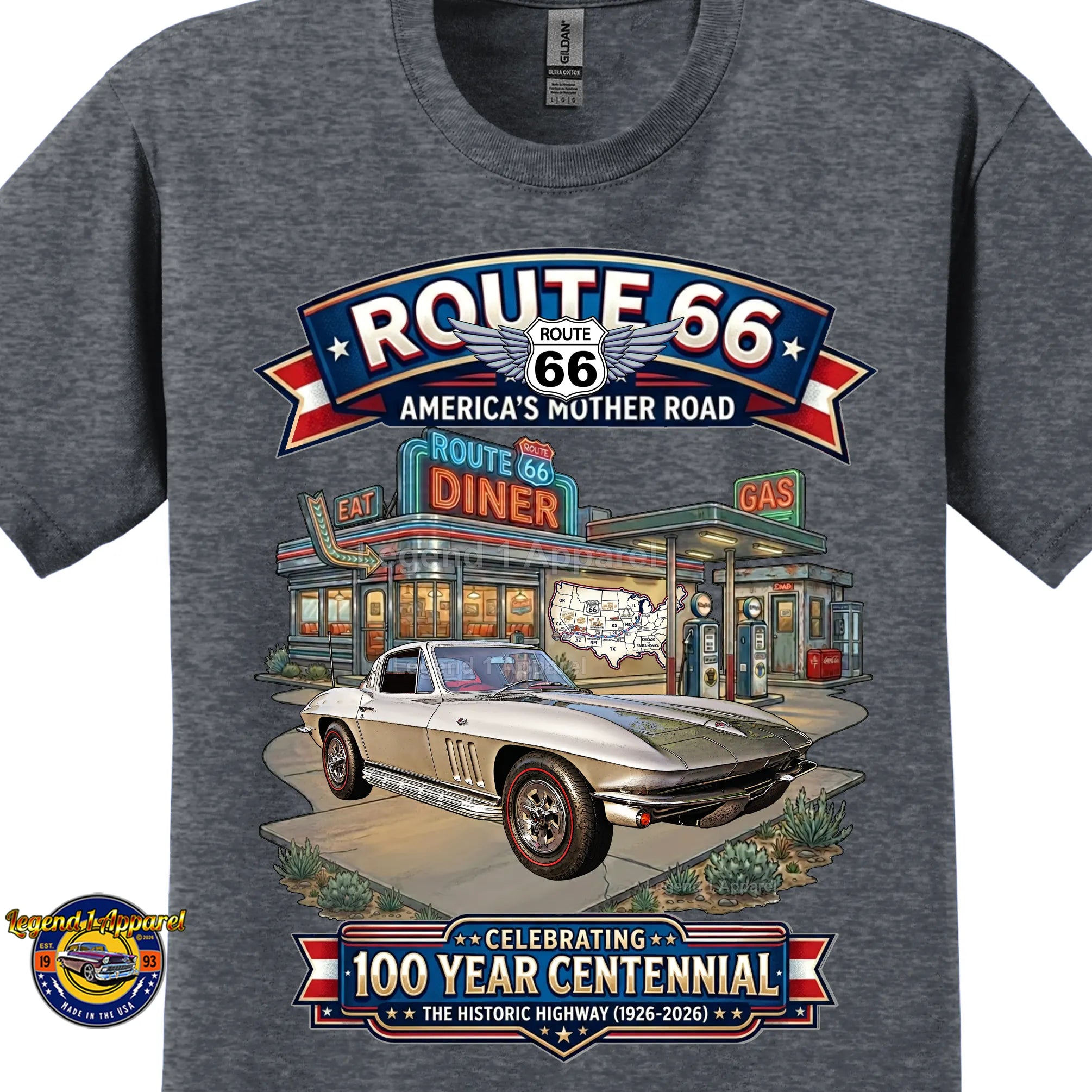 1965 Chevrolet Corvette C2 Classic Car Graphic Tee – Route 66 Centennial T-Shirt