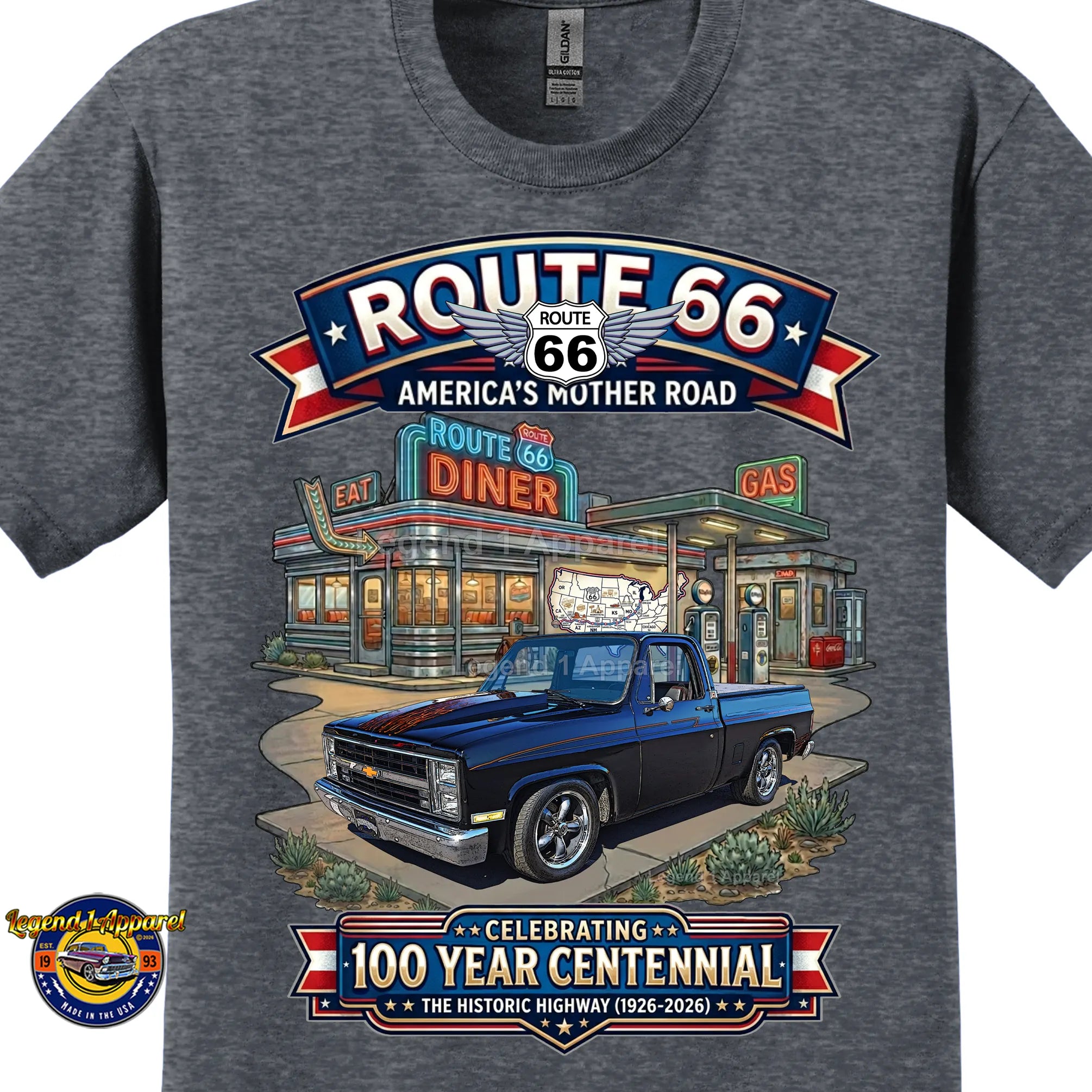 1985 Chevrolet Pick Up C10 Square Body Classic Truck Graphic Tee – Route 66 Centennial T-Shirt