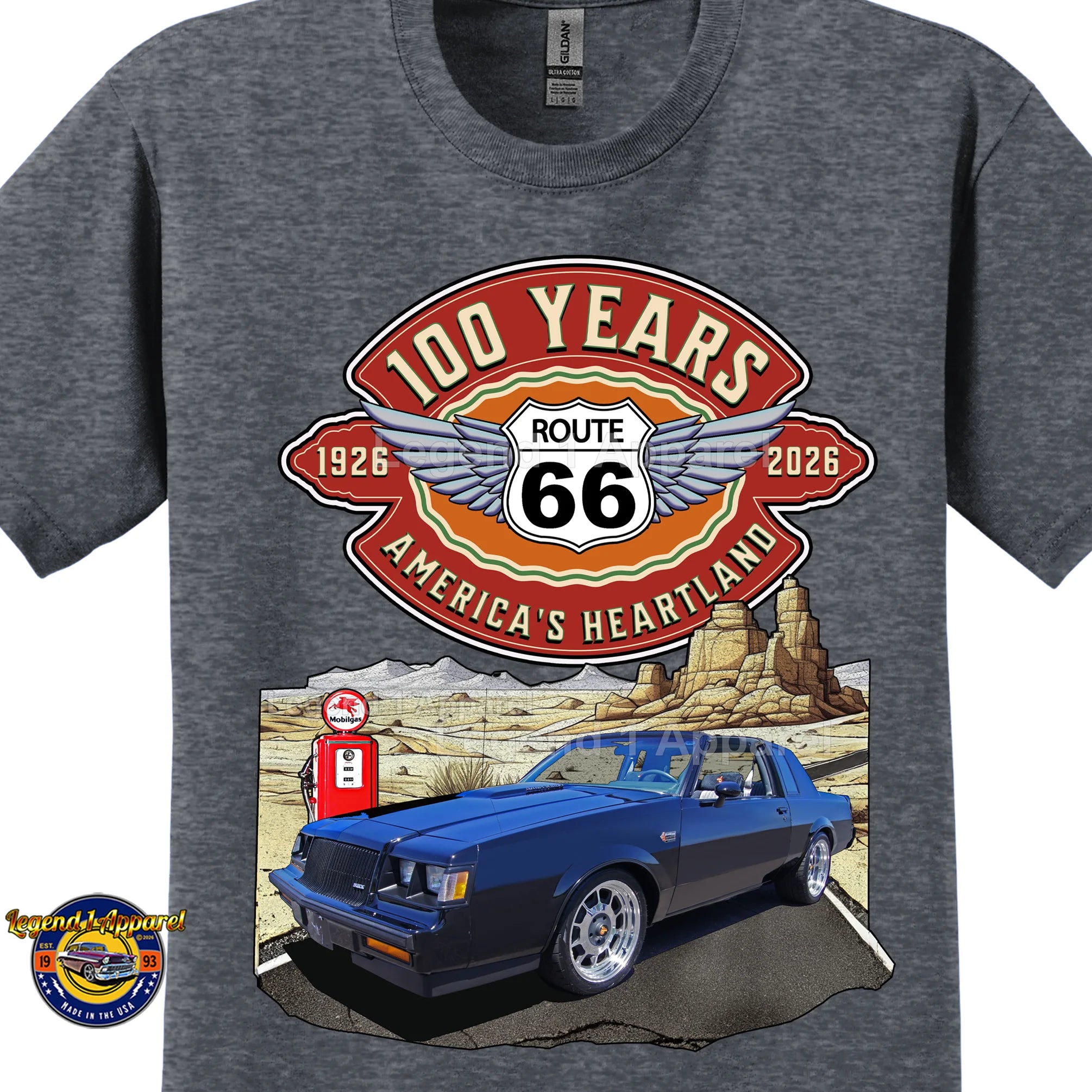 1986 Buick Grand National Classic Car Graphic Tee – Route 66 100 Years T-Shirt