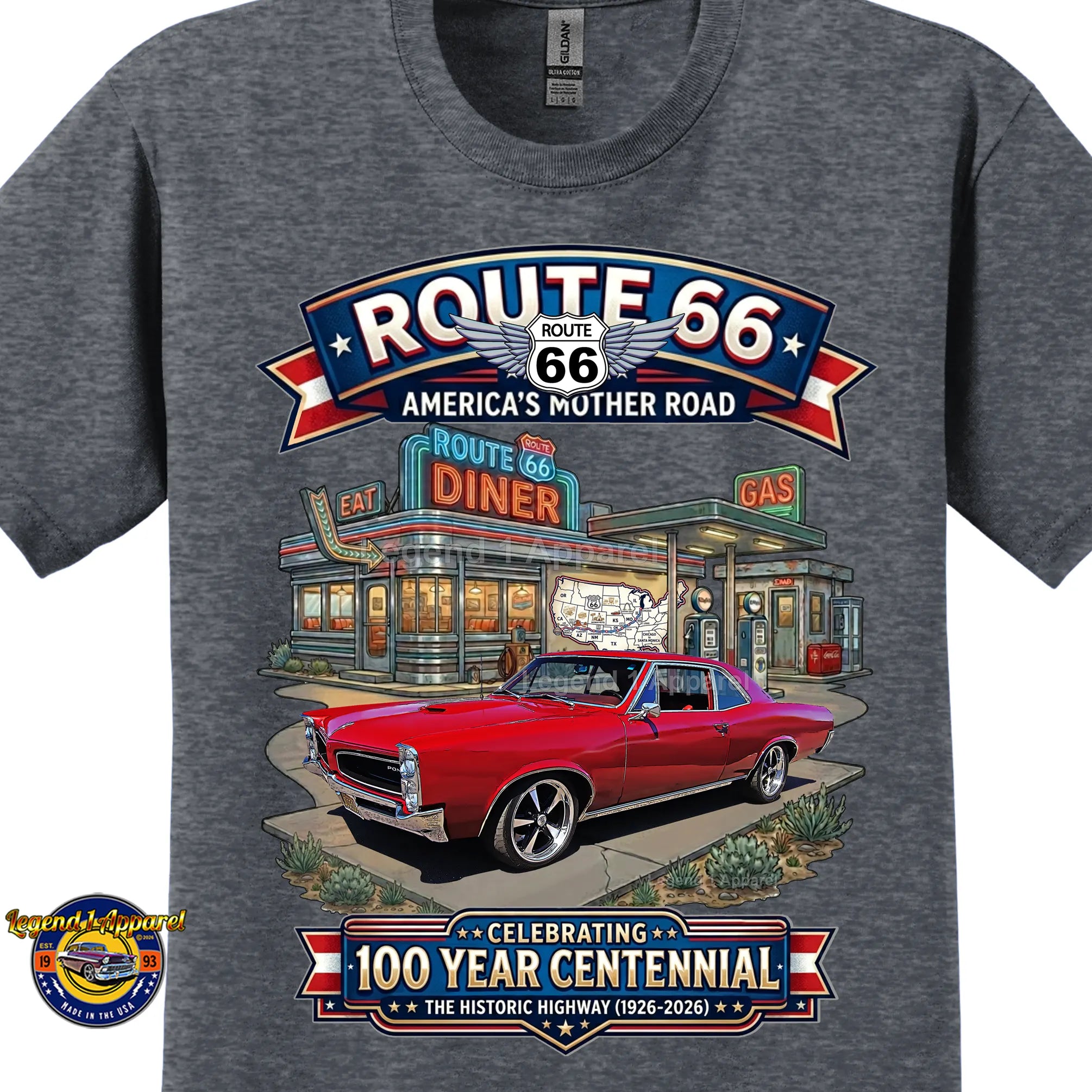 1965 Pontiac Le mans Classic Car Graphic Tee – Route 66 Centennial T-Shirt