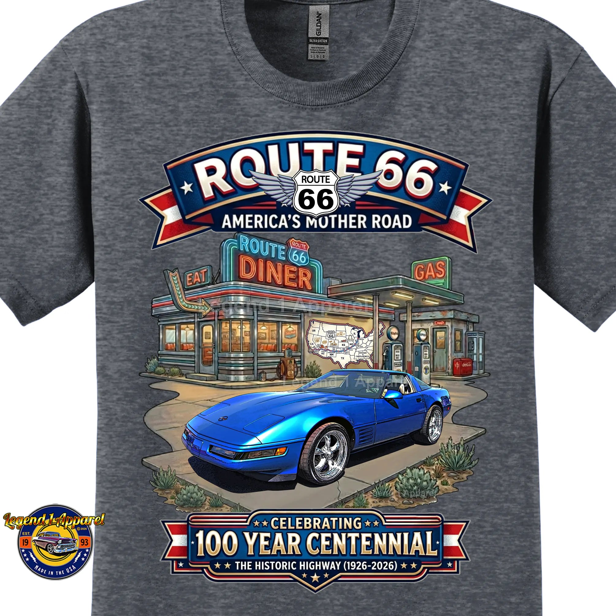 1992 Chevrolet Corvette C4 Classic Car Graphic Tee – Route 66 Centennial T-Shirt